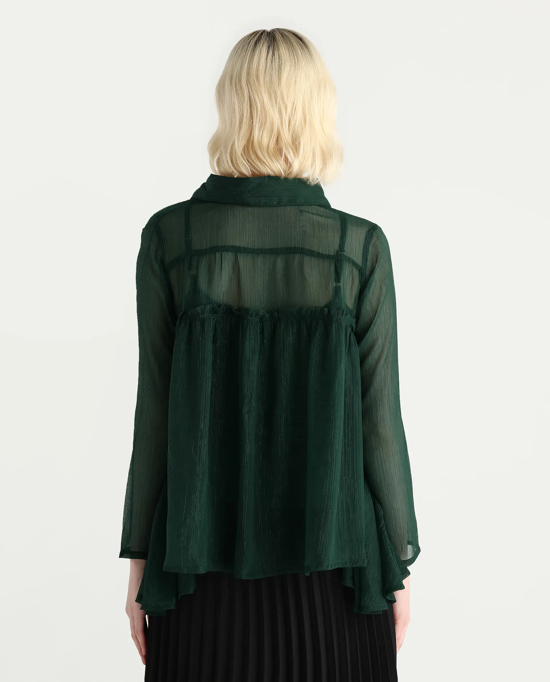 Rareism Women's Ronie Dark Green Polyester V-Neck Plain Puff Sleeves Regular Fit Top - Image 7