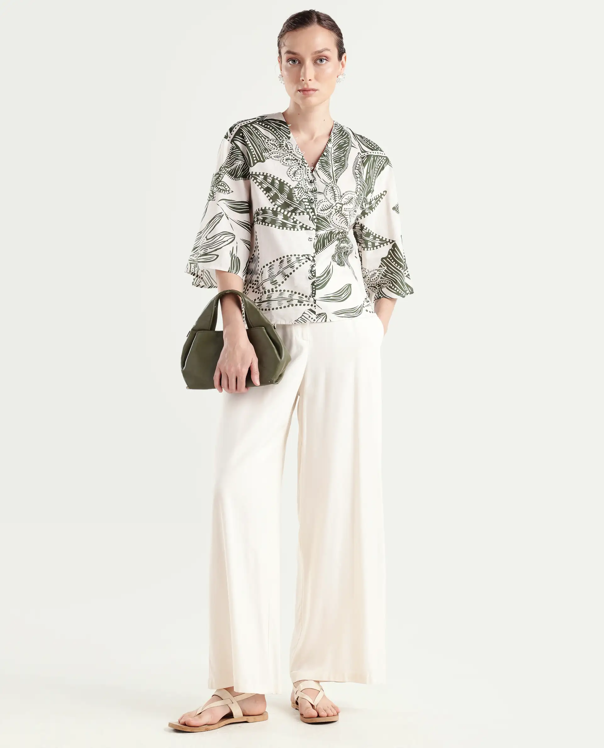 Rareism Women's Ronil Beige Cotton V-Neck Floral Print Raglan Sleeve Crop Regular Fit Top - Image 2
