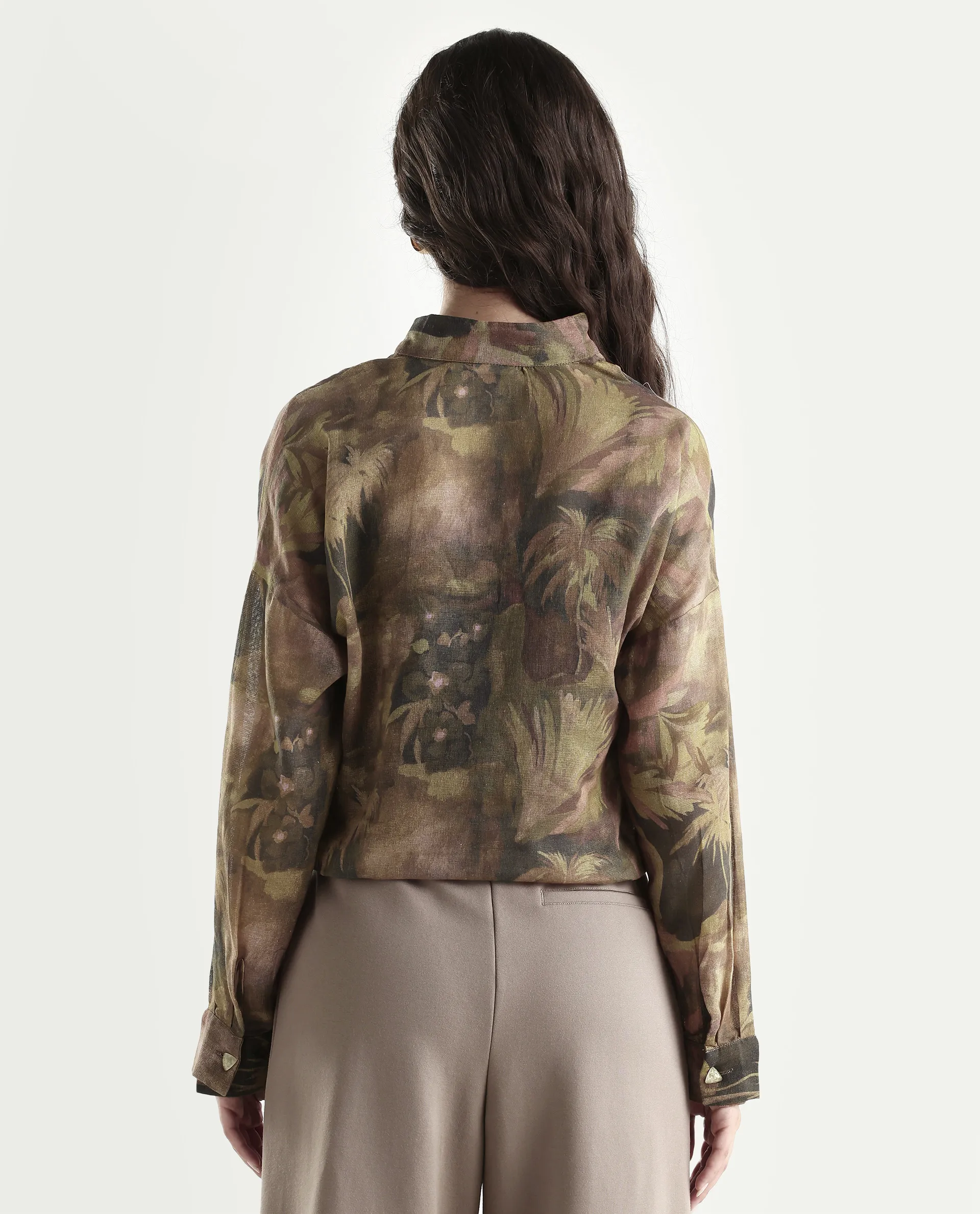 Rareism Women's Roniq Dark Green Cotton High Neck Abstract Print Cuffed Sleeve Regular Fit Top - Image 7