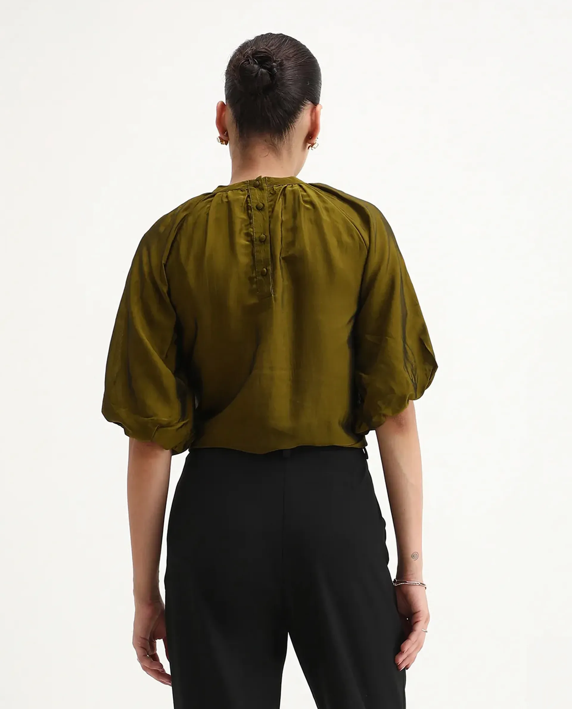 Rareism Women's Roniu Brown Polyester V-Neck Plain Kimono Sleeve Crop Regular Fit Top - Image 2