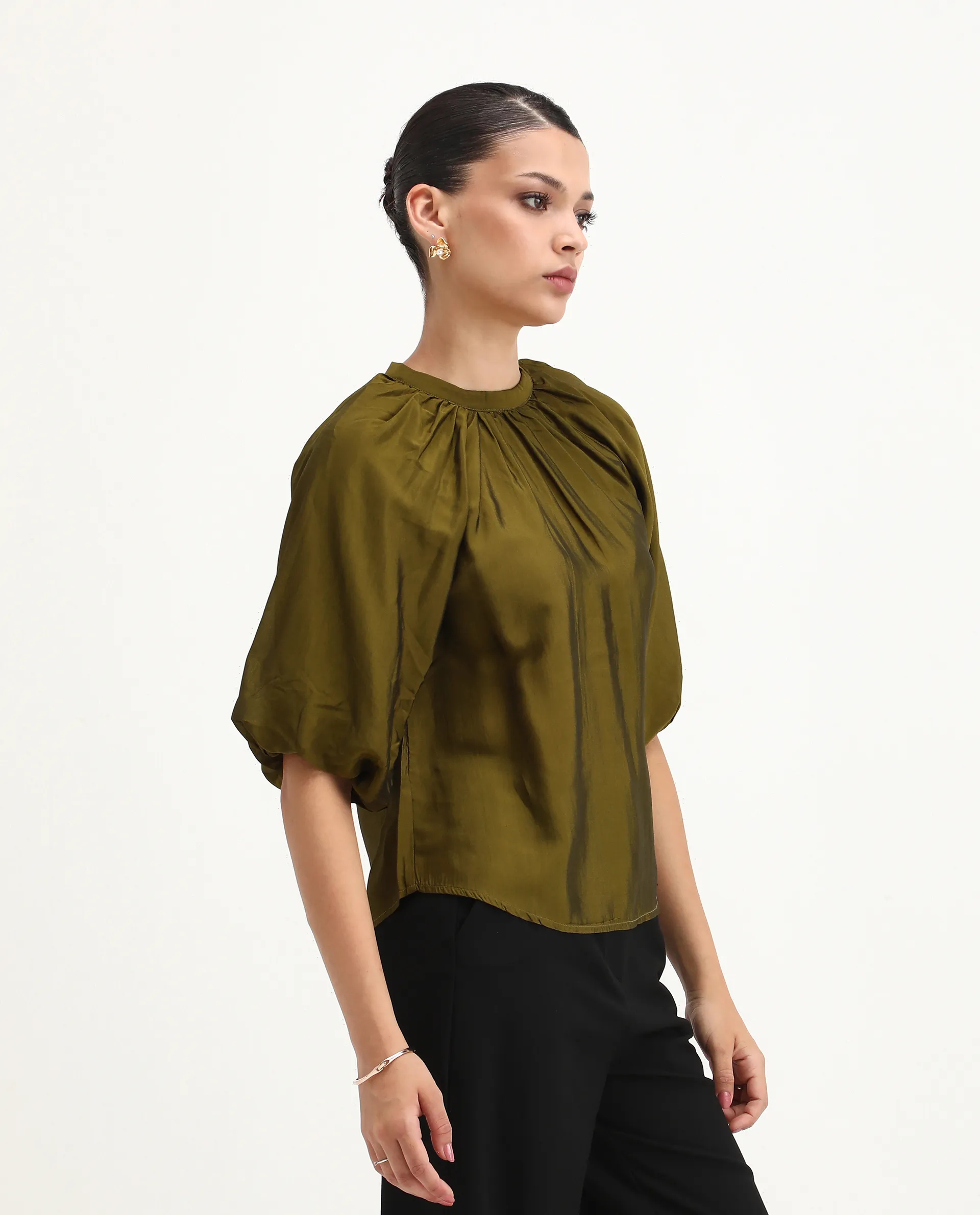 Rareism Women's Roniu Brown Polyester V-Neck Plain Kimono Sleeve Crop Regular Fit Top - Image 3