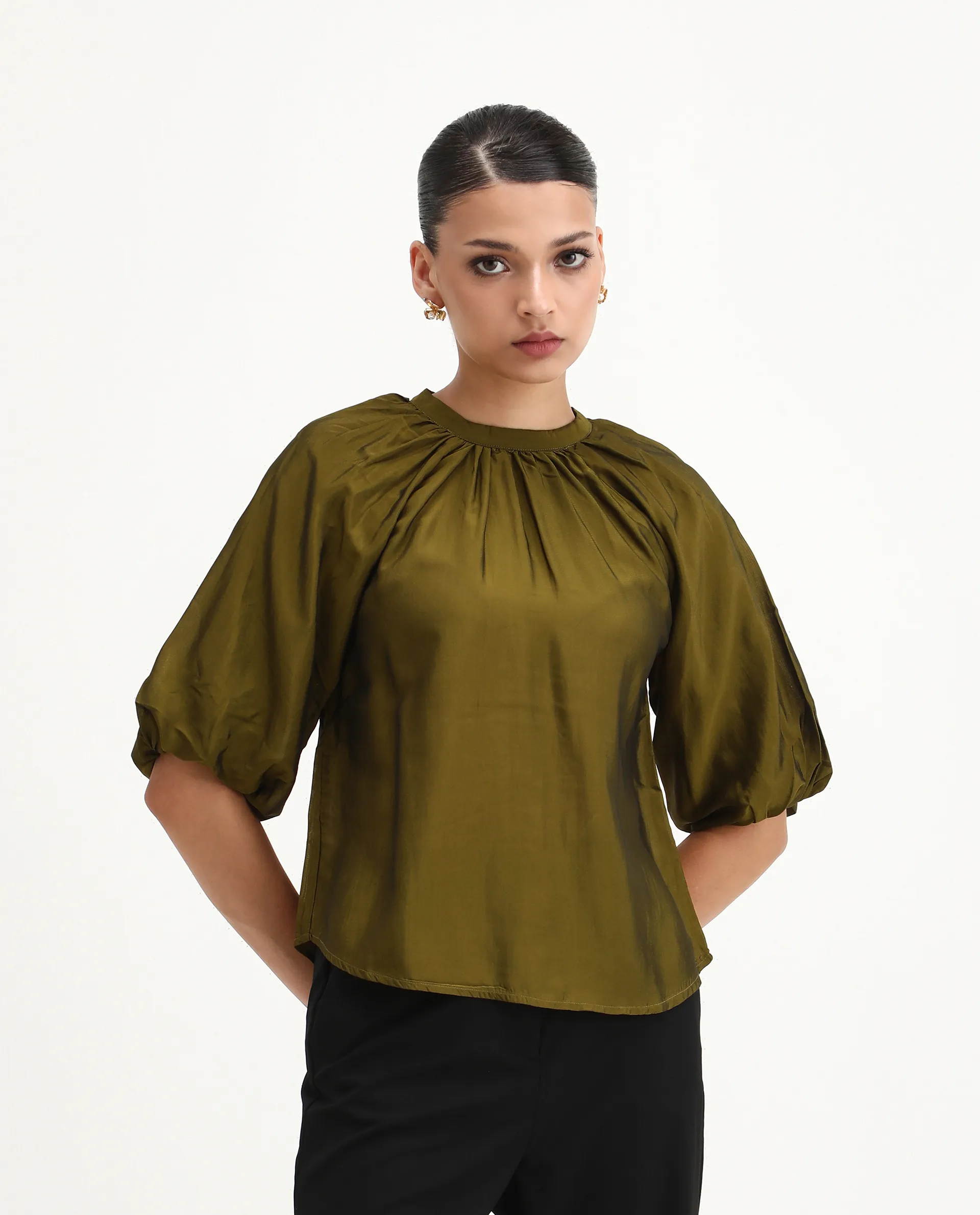 Rareism Women's Roniu Brown Polyester V-Neck Plain Kimono Sleeve Crop Regular Fit Top - Image 4