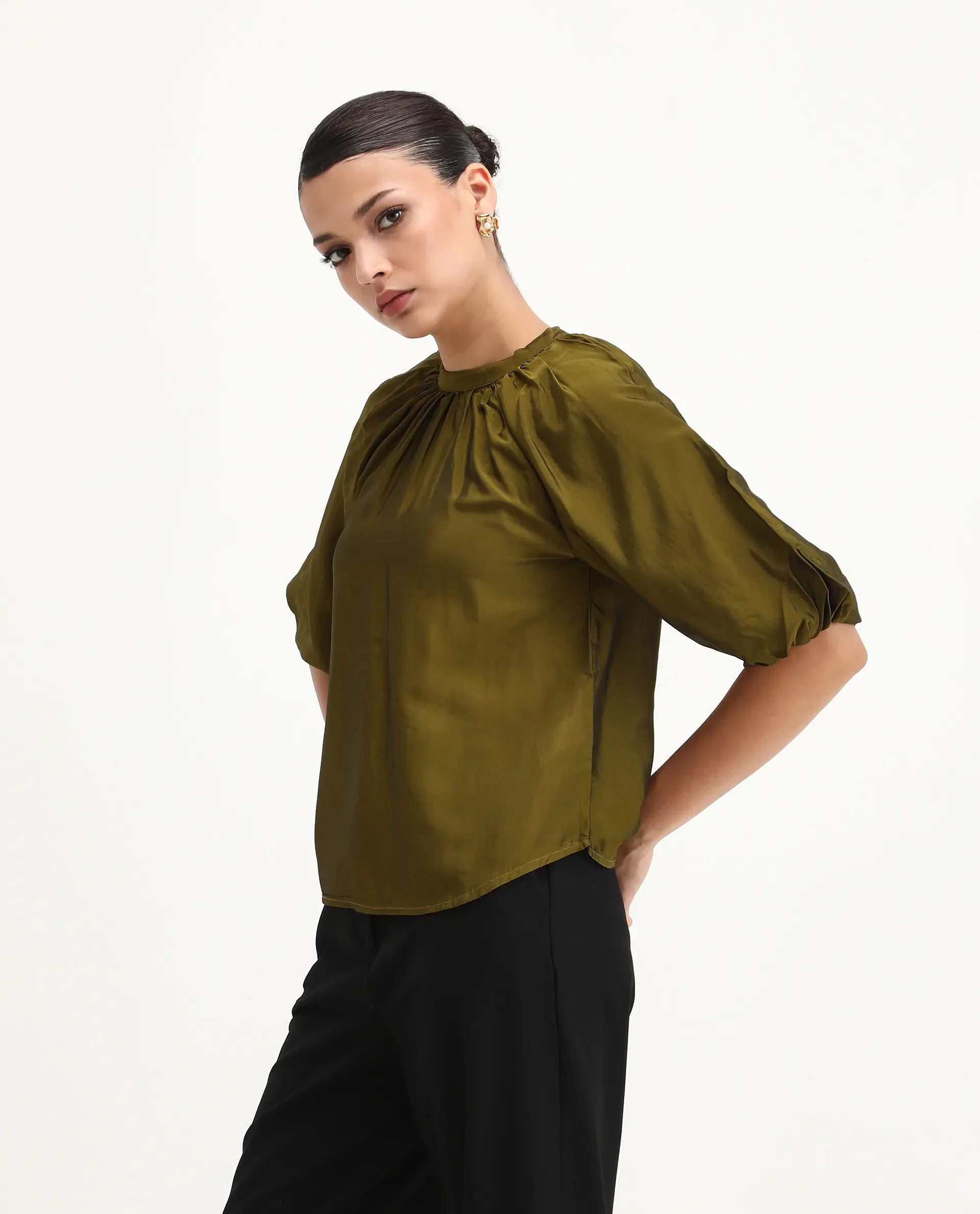 Rareism Women's Roniu Brown Polyester V-Neck Plain Kimono Sleeve Crop Regular Fit Top - Image 5