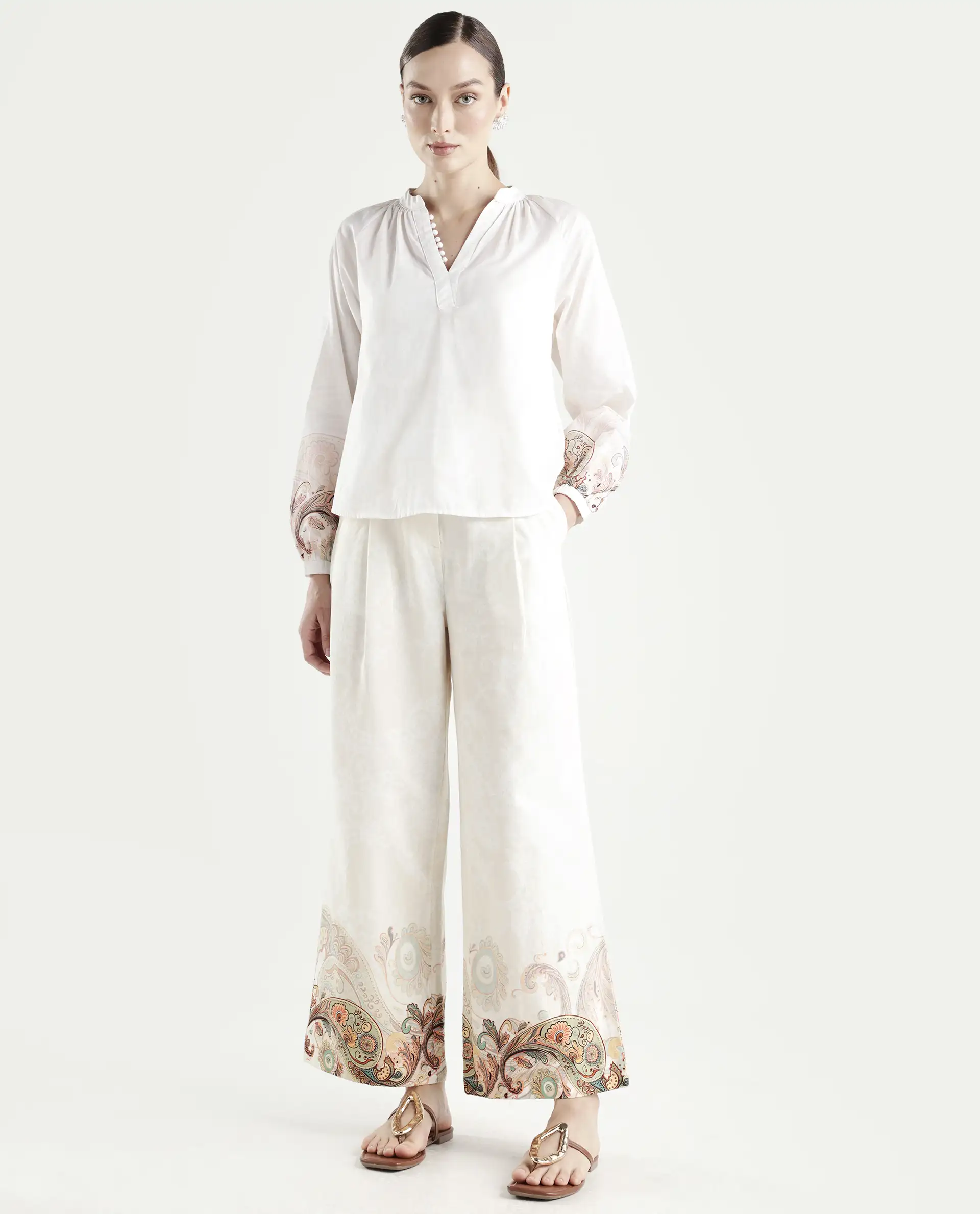 Rareism Women's Roniv B Beige Cotton Paisley Print Ankle Length Wide Trouser - Image 2