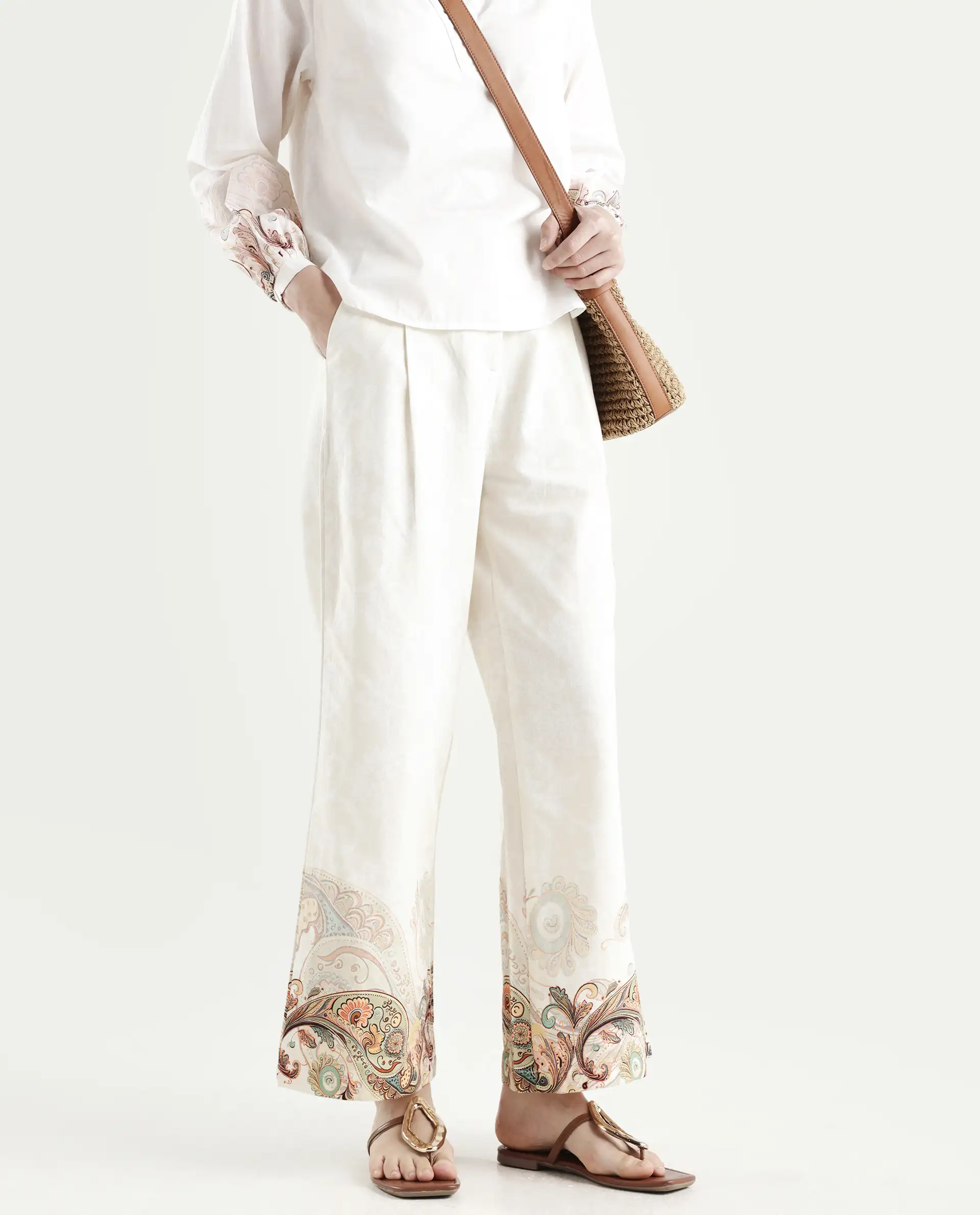 Rareism Women's Roniv B Beige Cotton Paisley Print Ankle Length Wide Trouser - Image 3