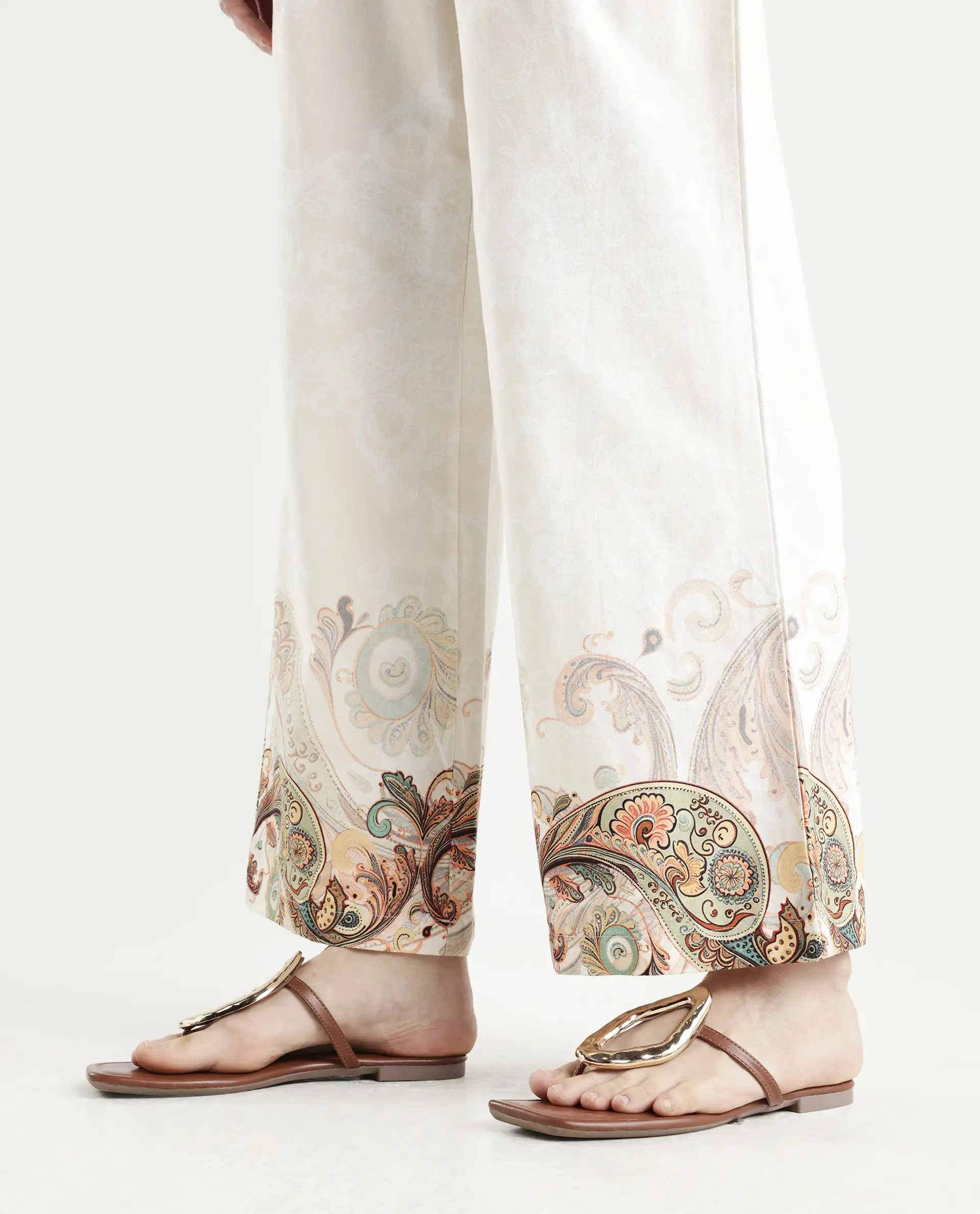 Rareism Women's Roniv B Beige Cotton Paisley Print Ankle Length Wide Trouser - Image 5