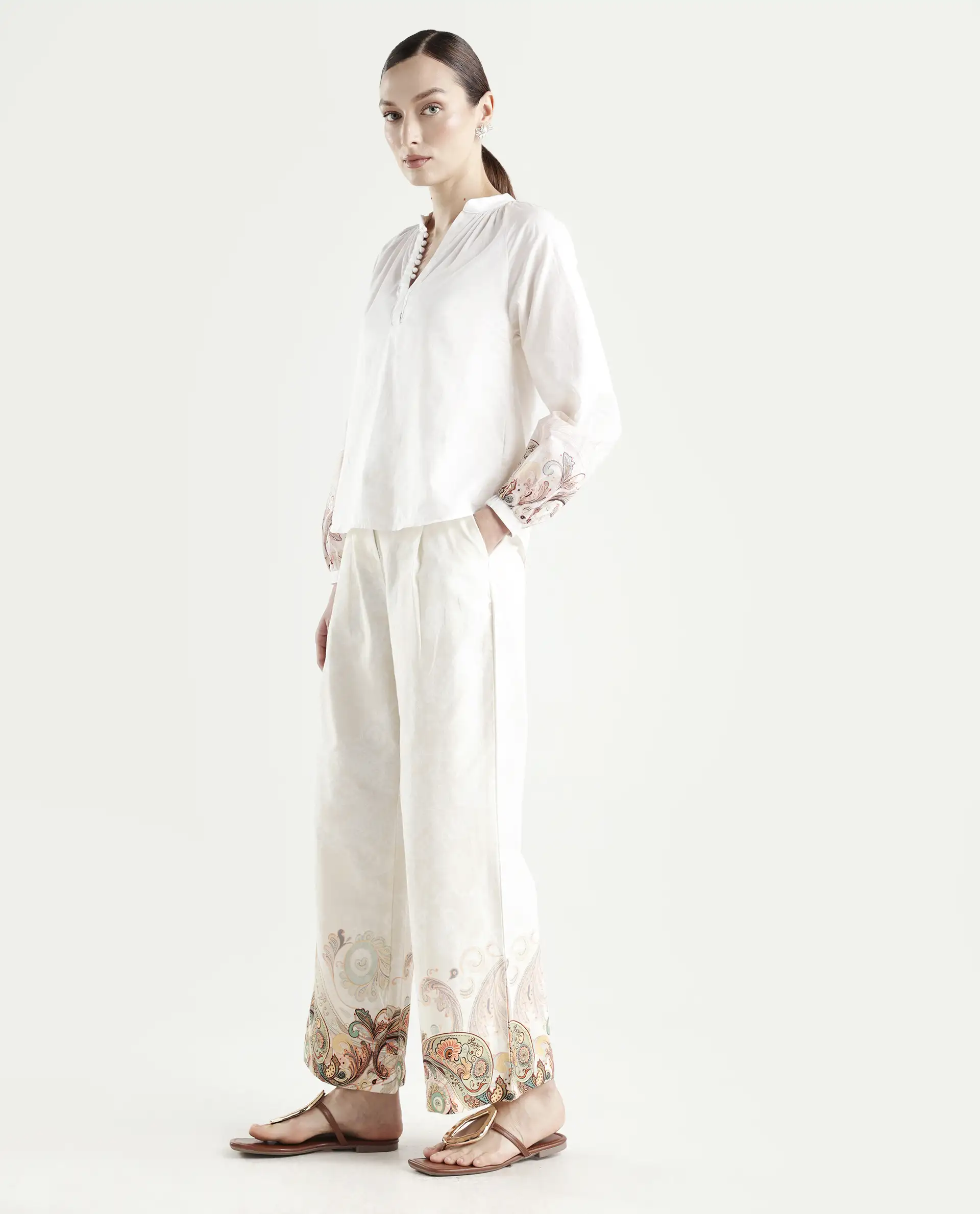 Rareism Women's Roniv B Beige Cotton Paisley Print Ankle Length Wide Trouser - Image 6