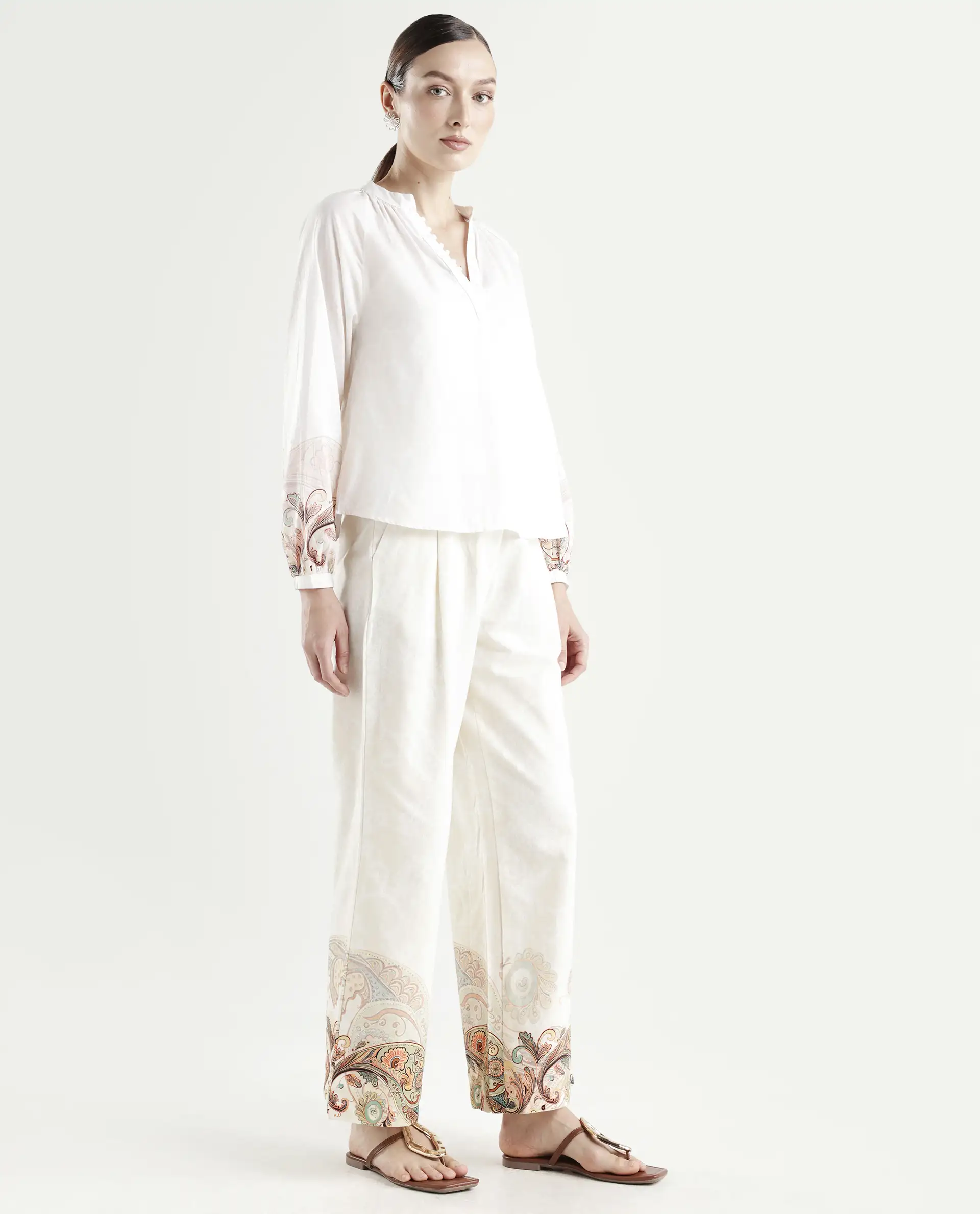 Rareism Women's Roniv B Beige Cotton Paisley Print Ankle Length Wide Trouser - Image 7
