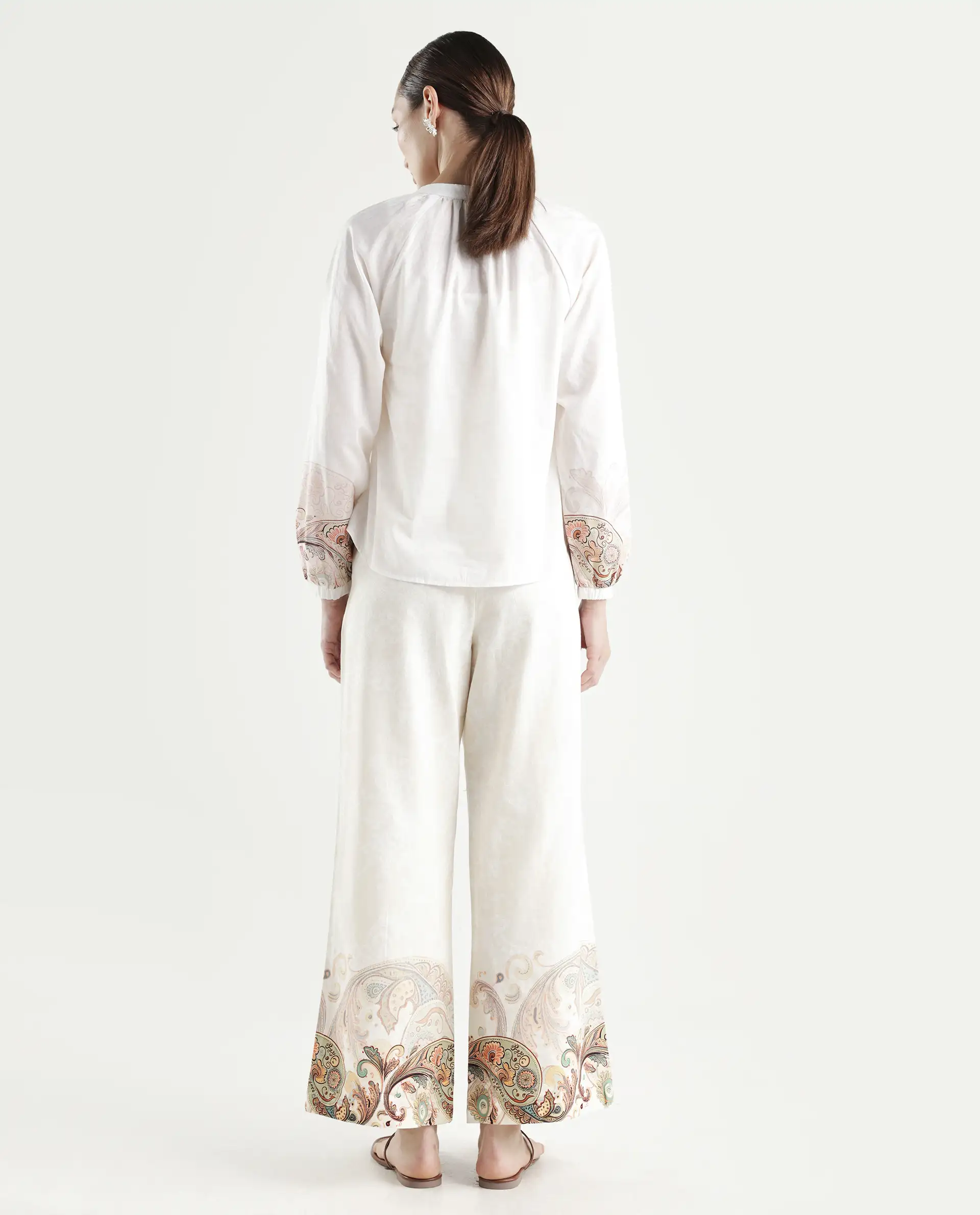 Rareism Women's Roniv B Beige Cotton Paisley Print Ankle Length Wide Trouser - Image 8
