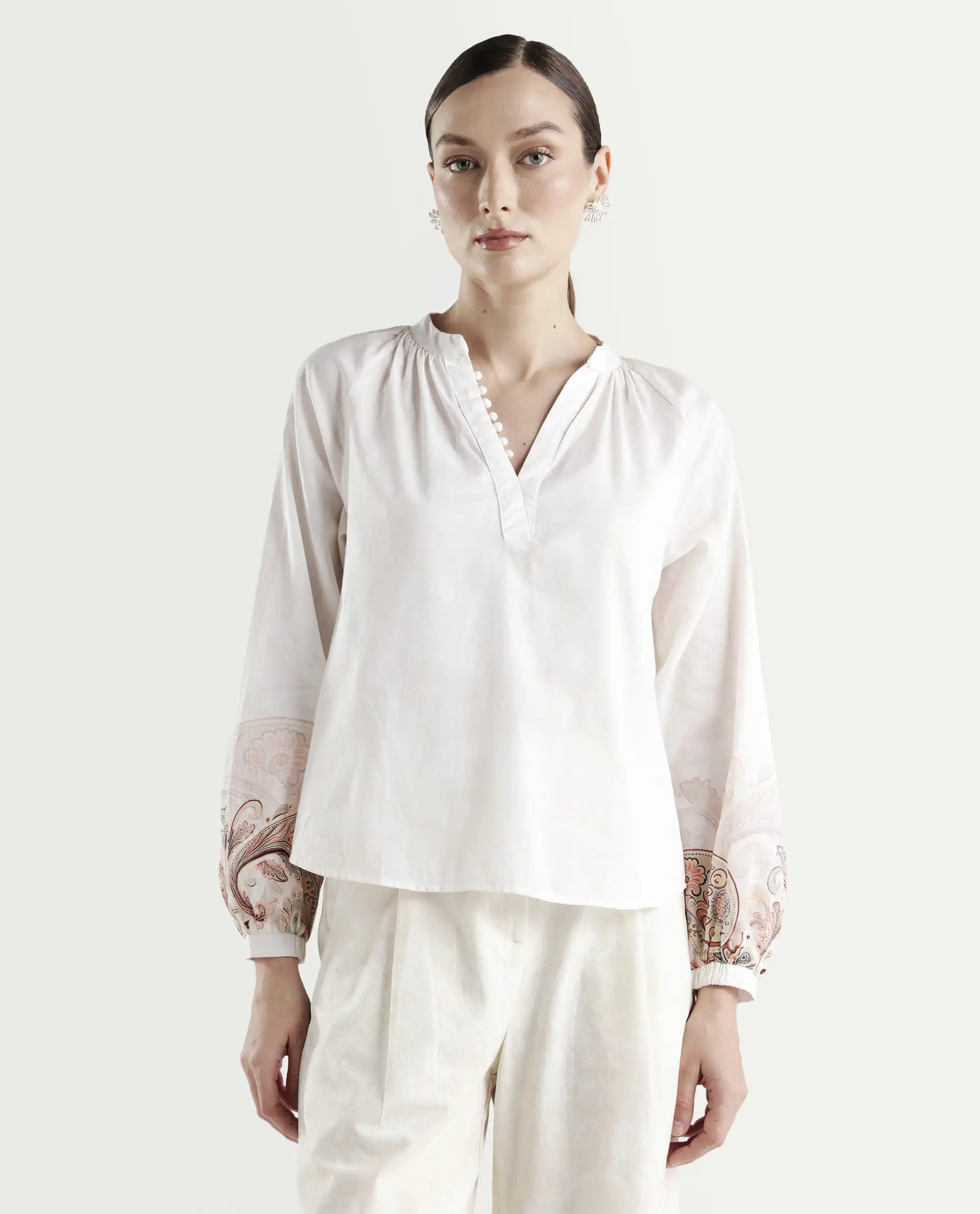 Rareism Women's Roniv T Beige Cotton Mandarin Collar Paisley Print Regular Fit Top - Image 3