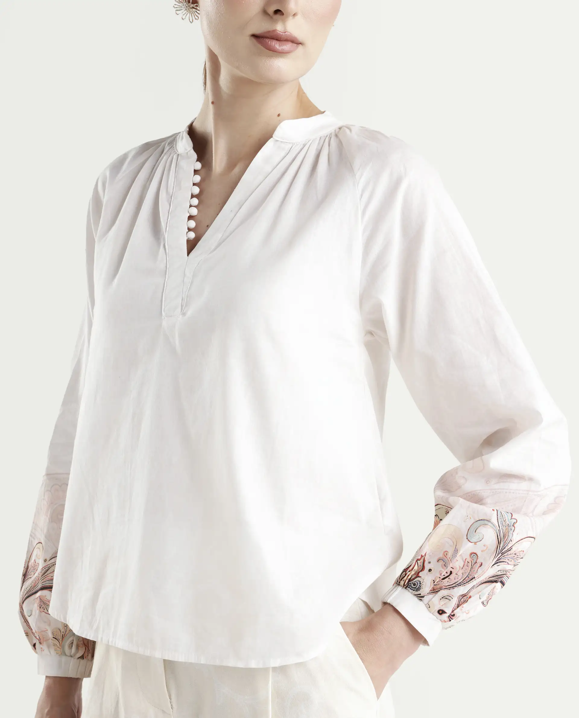 Rareism Women's Roniv T Beige Cotton Mandarin Collar Paisley Print Regular Fit Top - Image 4
