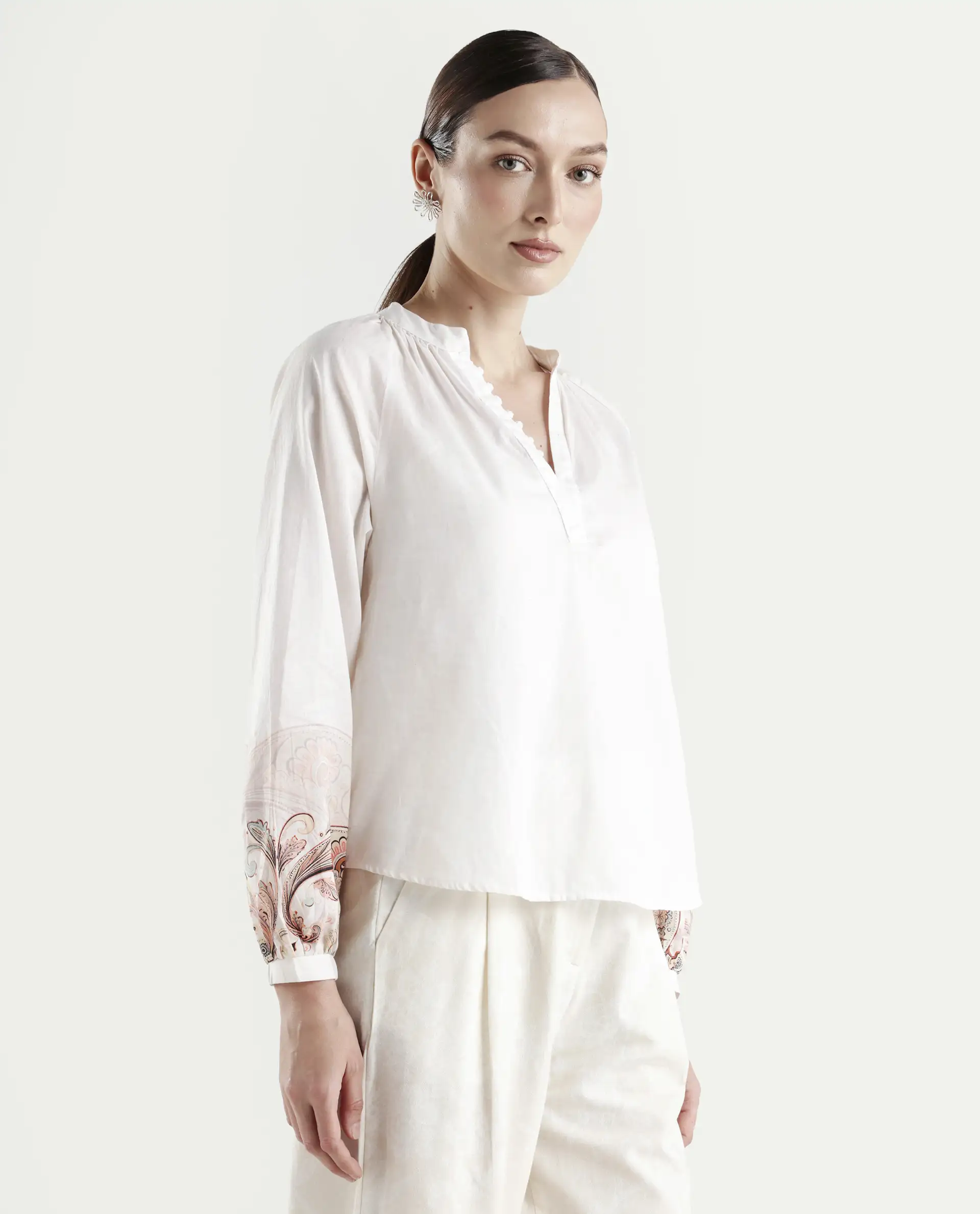 Rareism Women's Roniv T Beige Cotton Mandarin Collar Paisley Print Regular Fit Top - Image 5