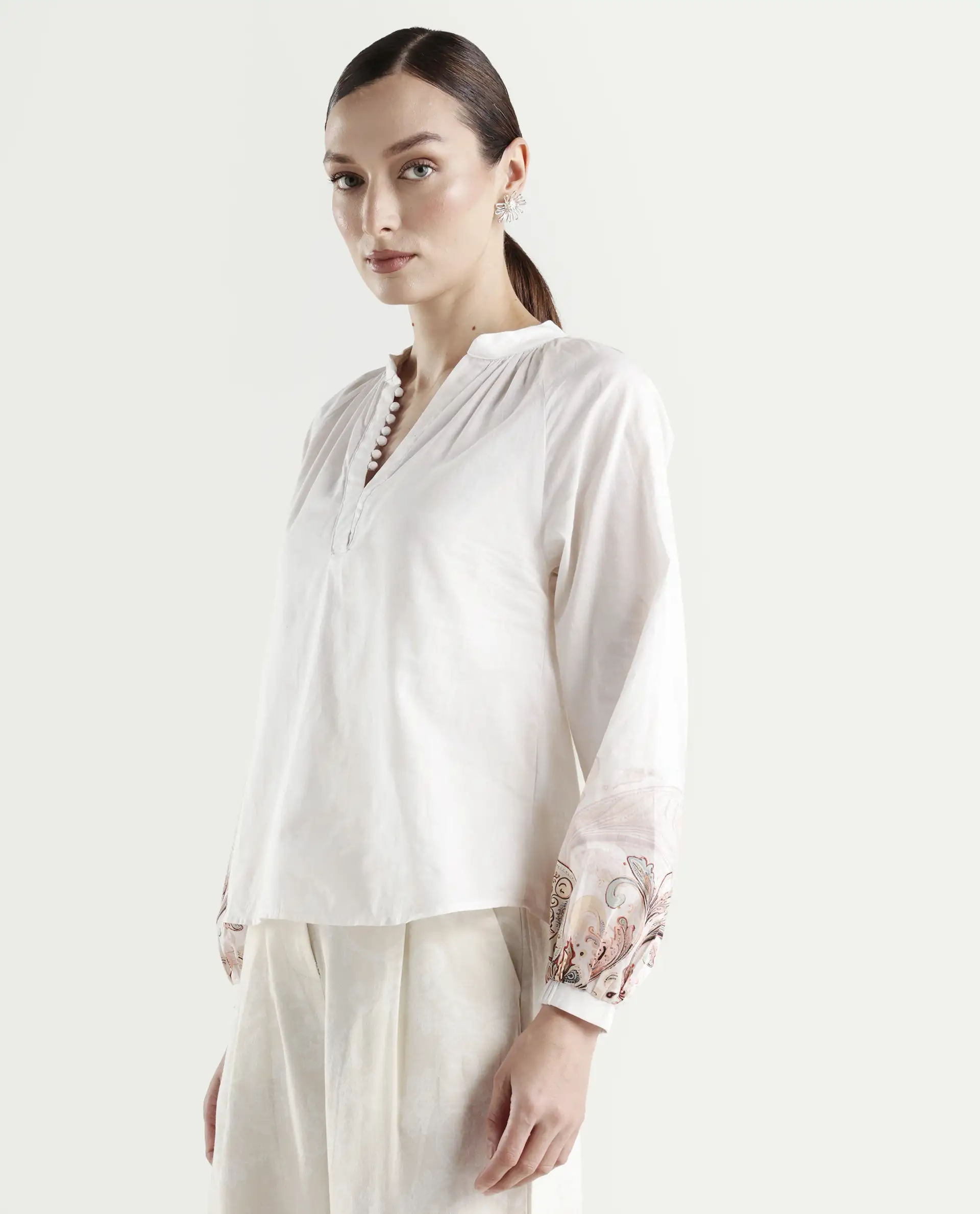 Rareism Women's Roniv T Beige Cotton Mandarin Collar Paisley Print Regular Fit Top - Image 6
