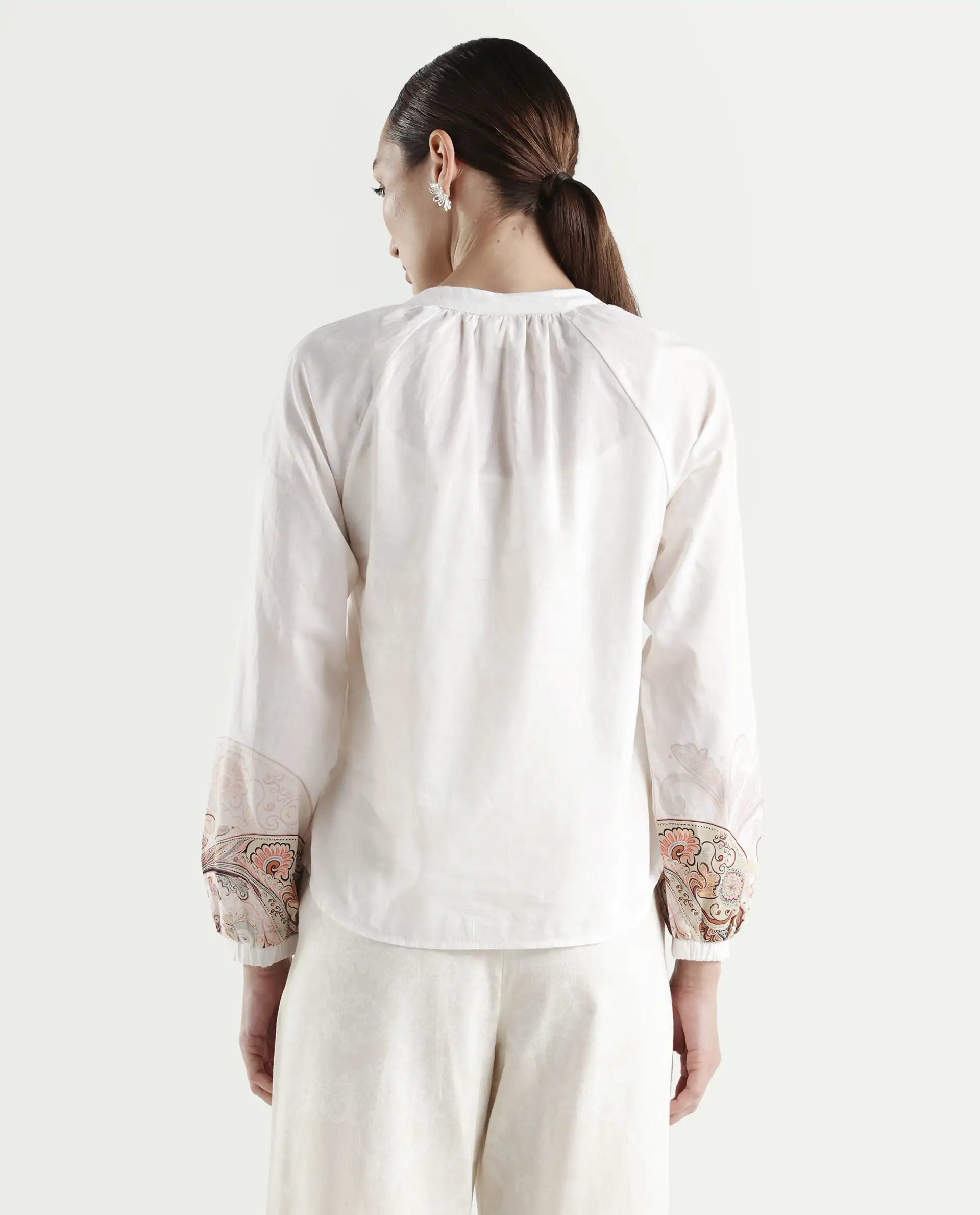 Rareism Women's Roniv T Beige Cotton Mandarin Collar Paisley Print Regular Fit Top - Image 7