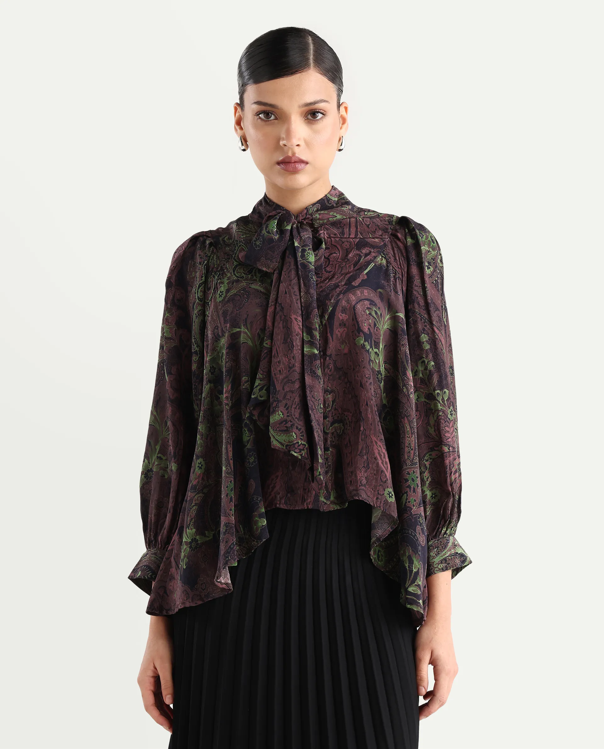 Rareism Women's Ronix Multi Viscose Tie-Up Neck Paisley Print Bishop Sleeve Relaxed Fit Top - Image 3