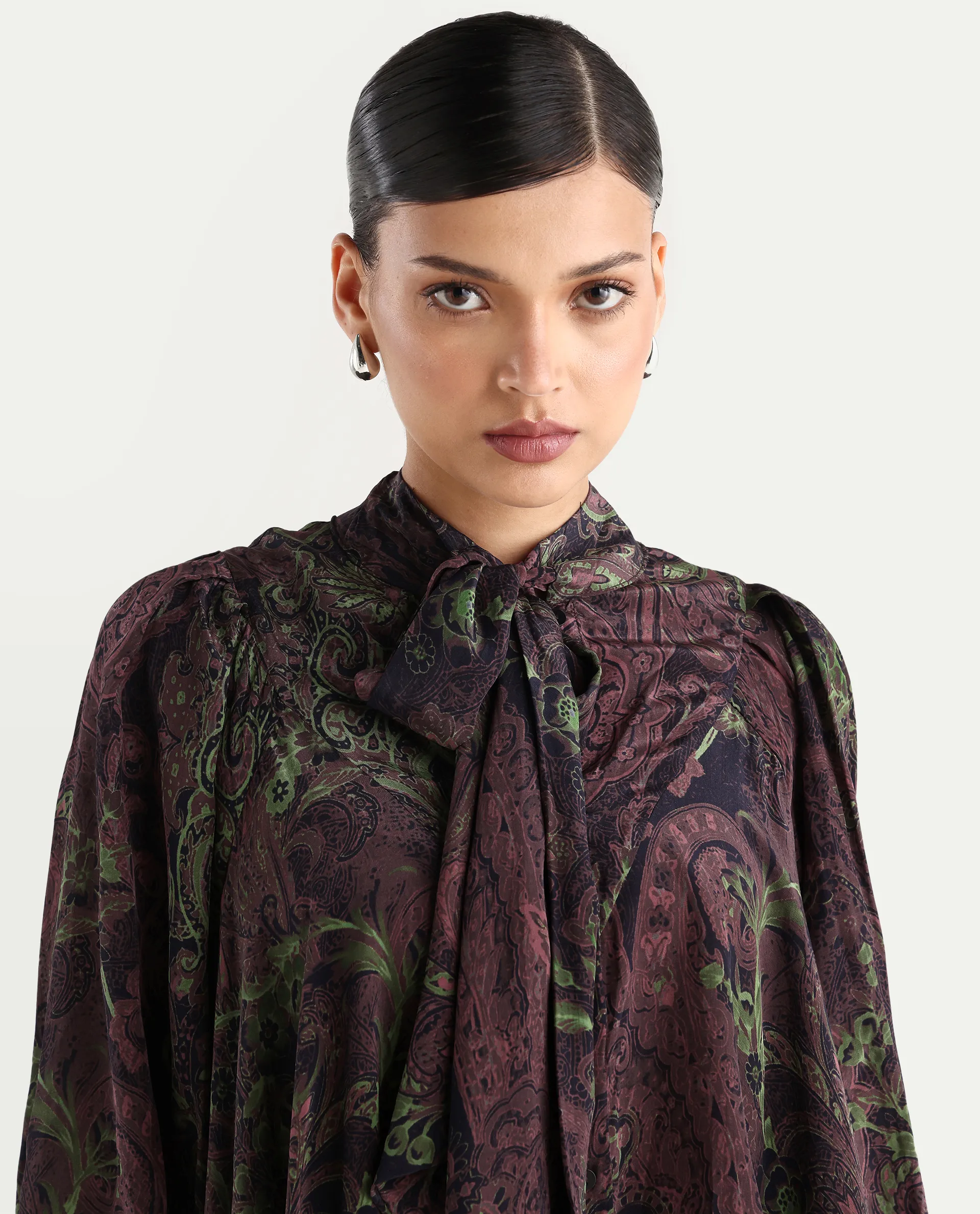 Rareism Women's Ronix Multi Viscose Tie-Up Neck Paisley Print Bishop Sleeve Relaxed Fit Top - Image 4