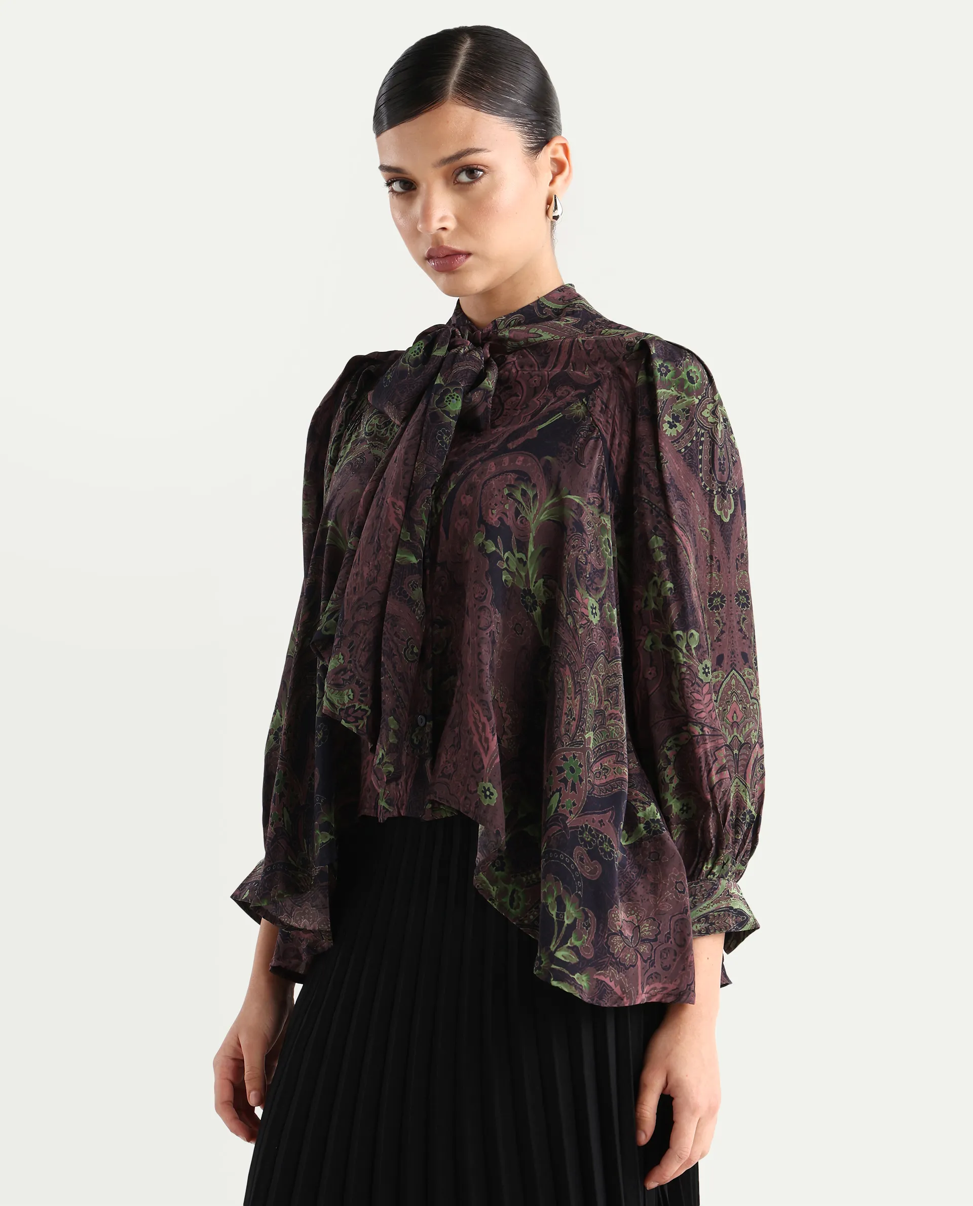 Rareism Women's Ronix Multi Viscose Tie-Up Neck Paisley Print Bishop Sleeve Relaxed Fit Top - Image 6