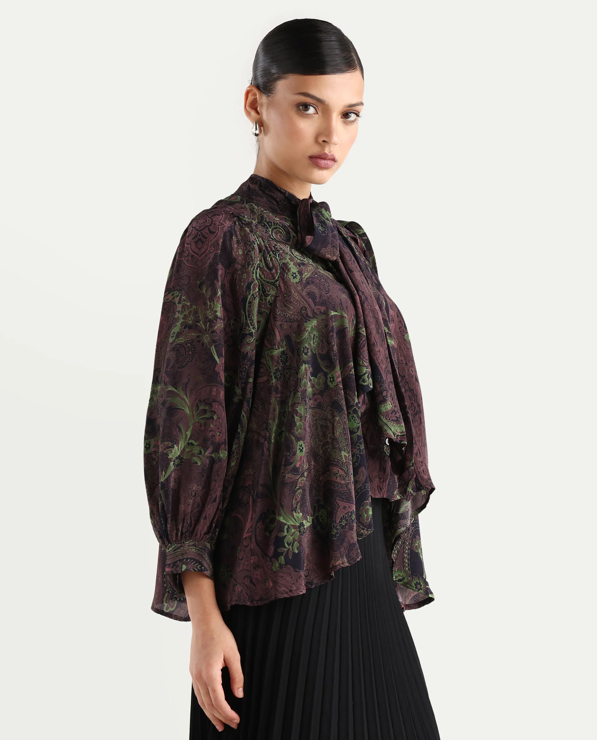 Rareism Women's Ronix Multi Viscose Tie-Up Neck Paisley Print Bishop Sleeve Relaxed Fit Top - Image 7