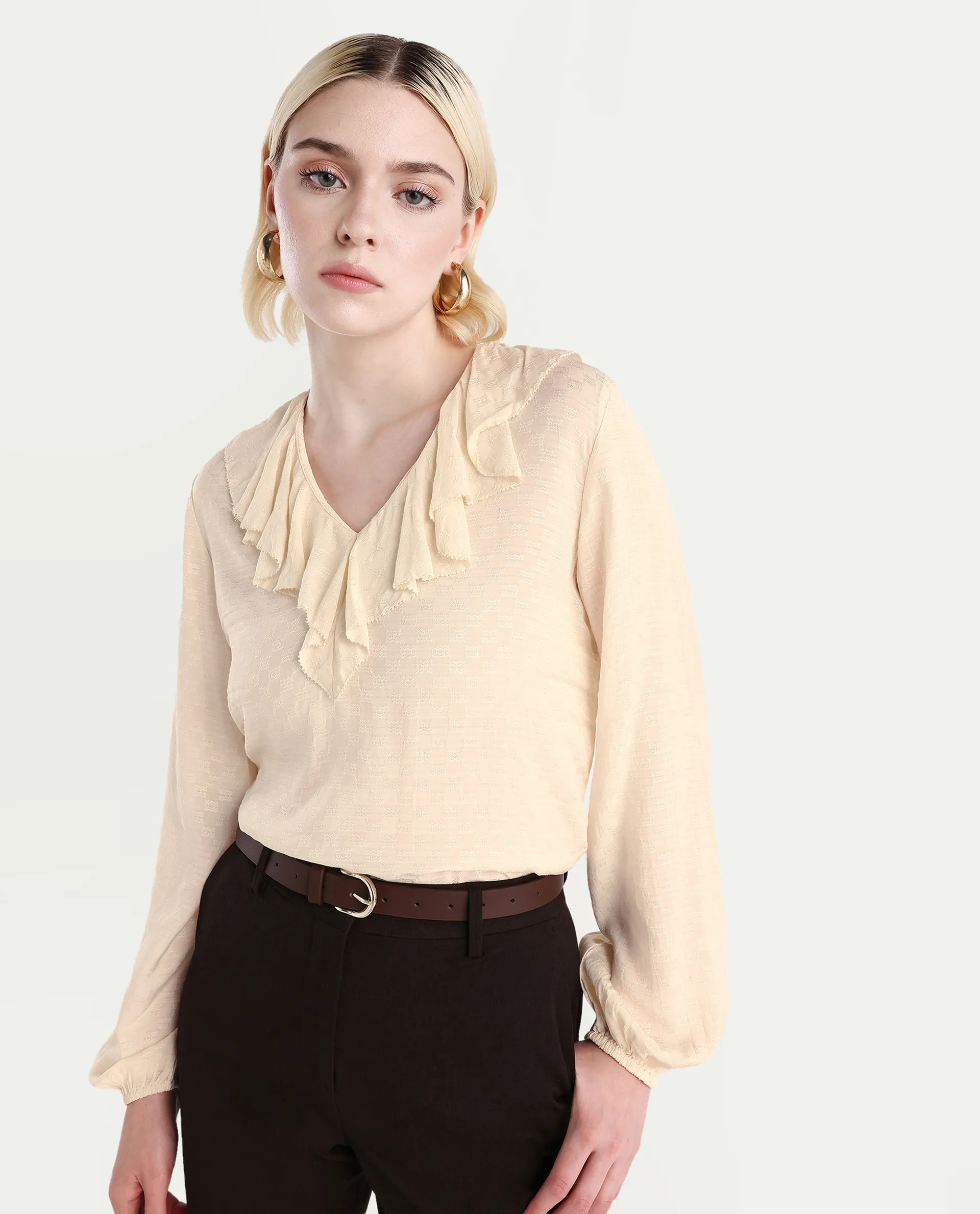 Rareism Women's Roniz Beige Cotton V-Neck Textured Bishop Sleeve Regular Fit Top