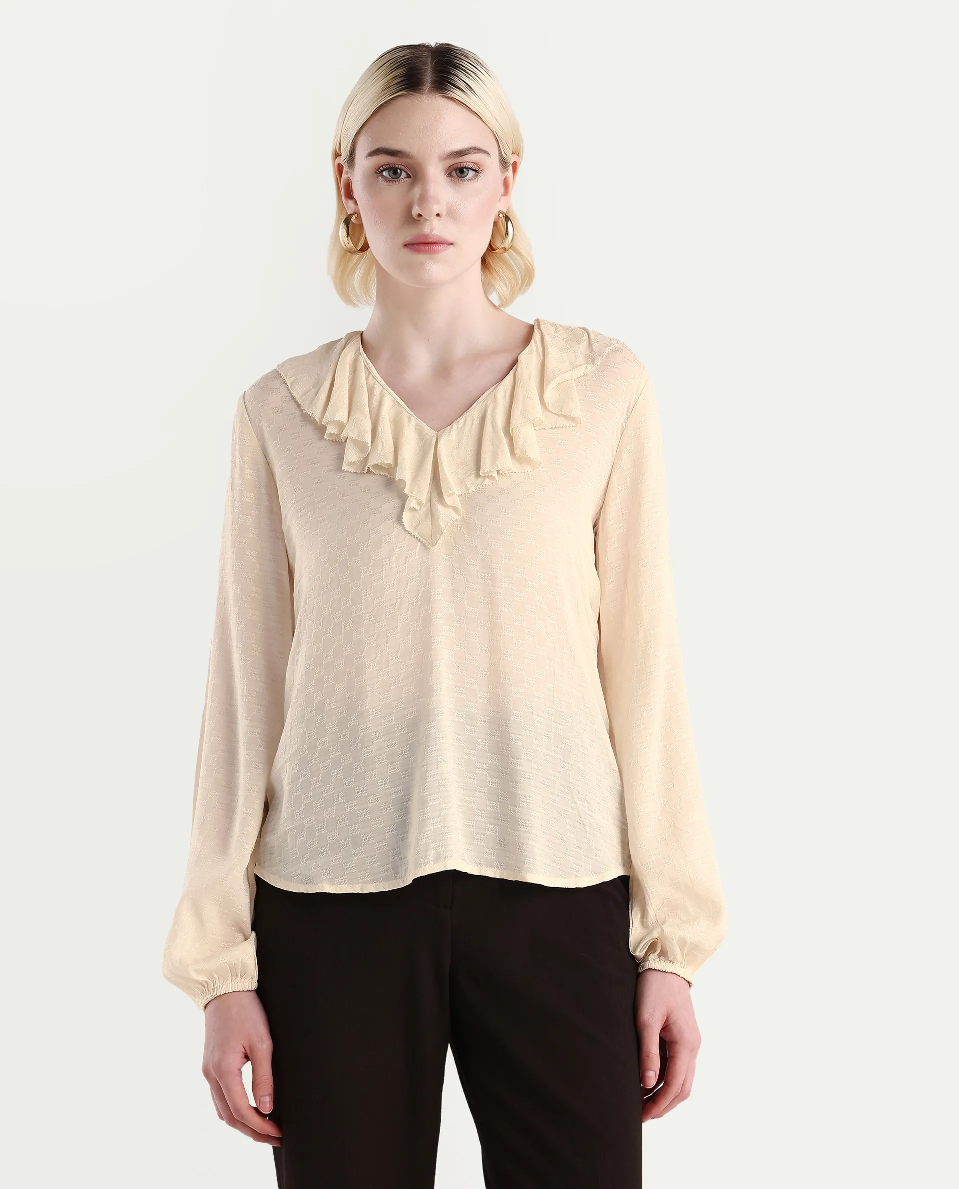 Rareism Women's Roniz Beige Cotton V-Neck Textured Bishop Sleeve Regular Fit Top - Image 3