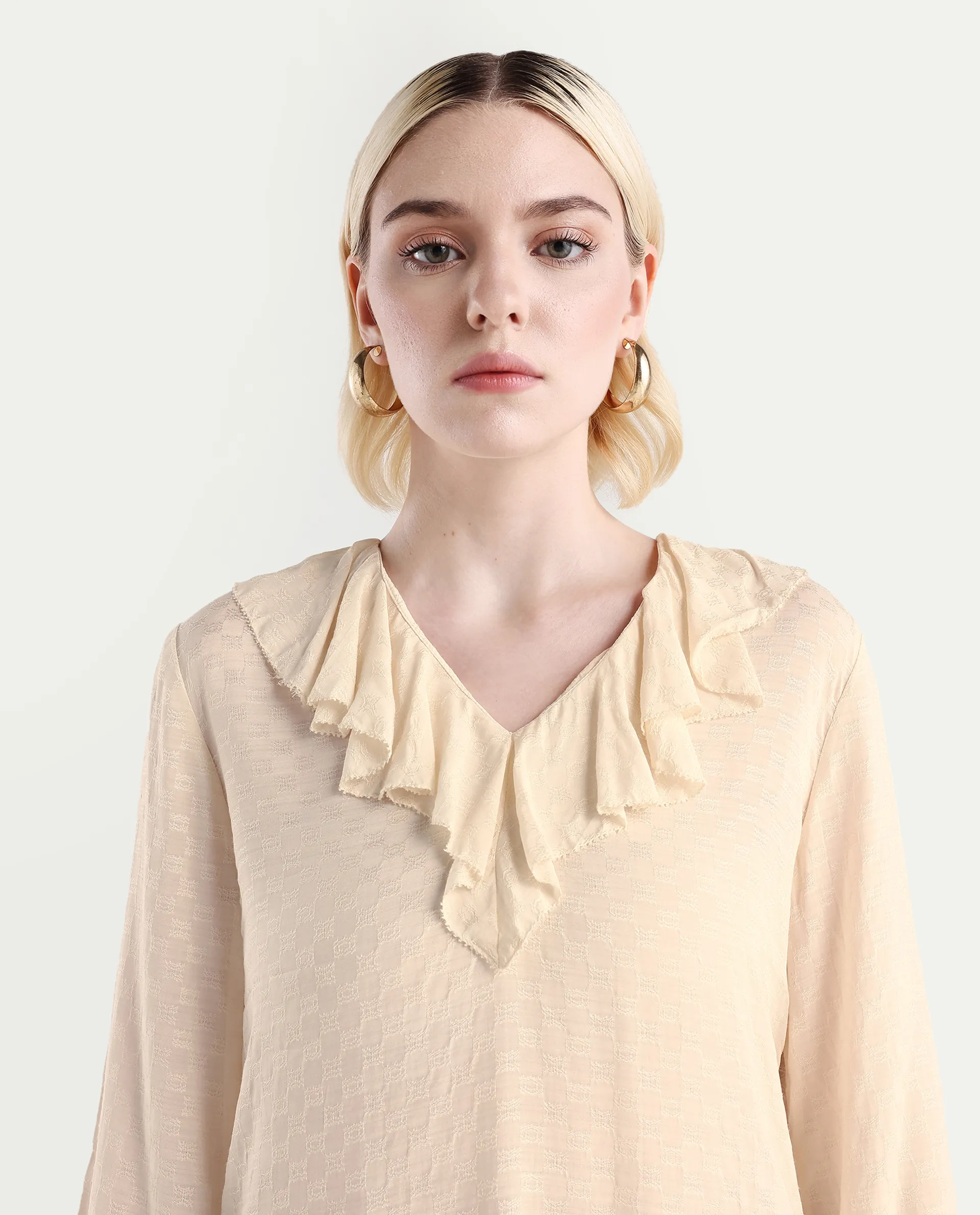 Rareism Women's Roniz Beige Cotton V-Neck Textured Bishop Sleeve Regular Fit Top - Image 4