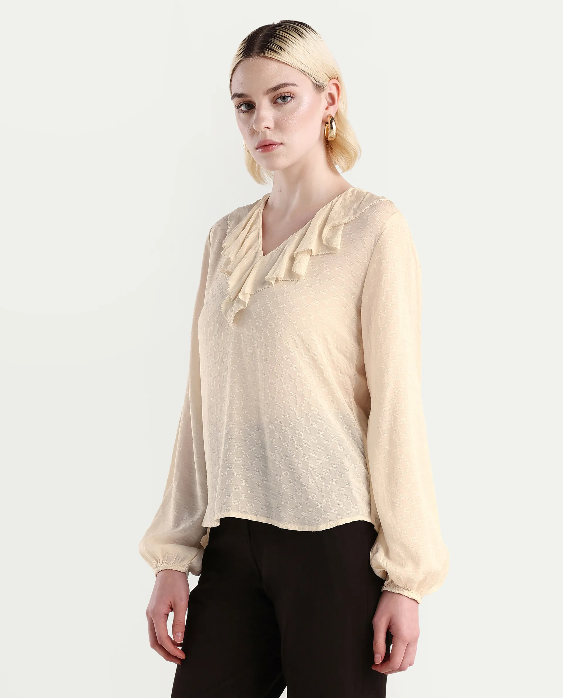 Rareism Women's Roniz Beige Cotton V-Neck Textured Bishop Sleeve Regular Fit Top - Image 5