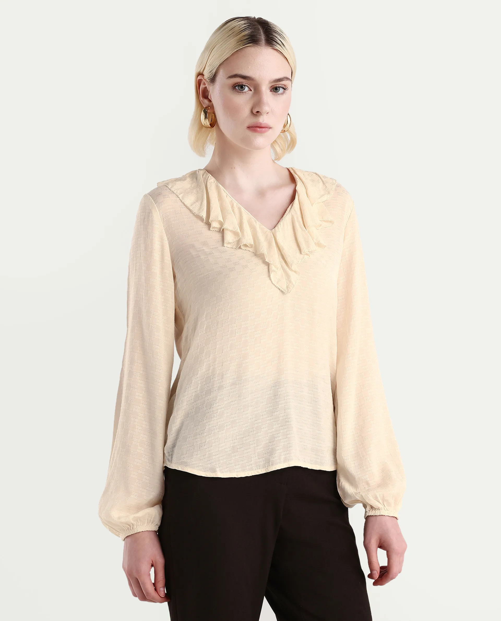 Rareism Women's Roniz Beige Cotton V-Neck Textured Bishop Sleeve Regular Fit Top - Image 6