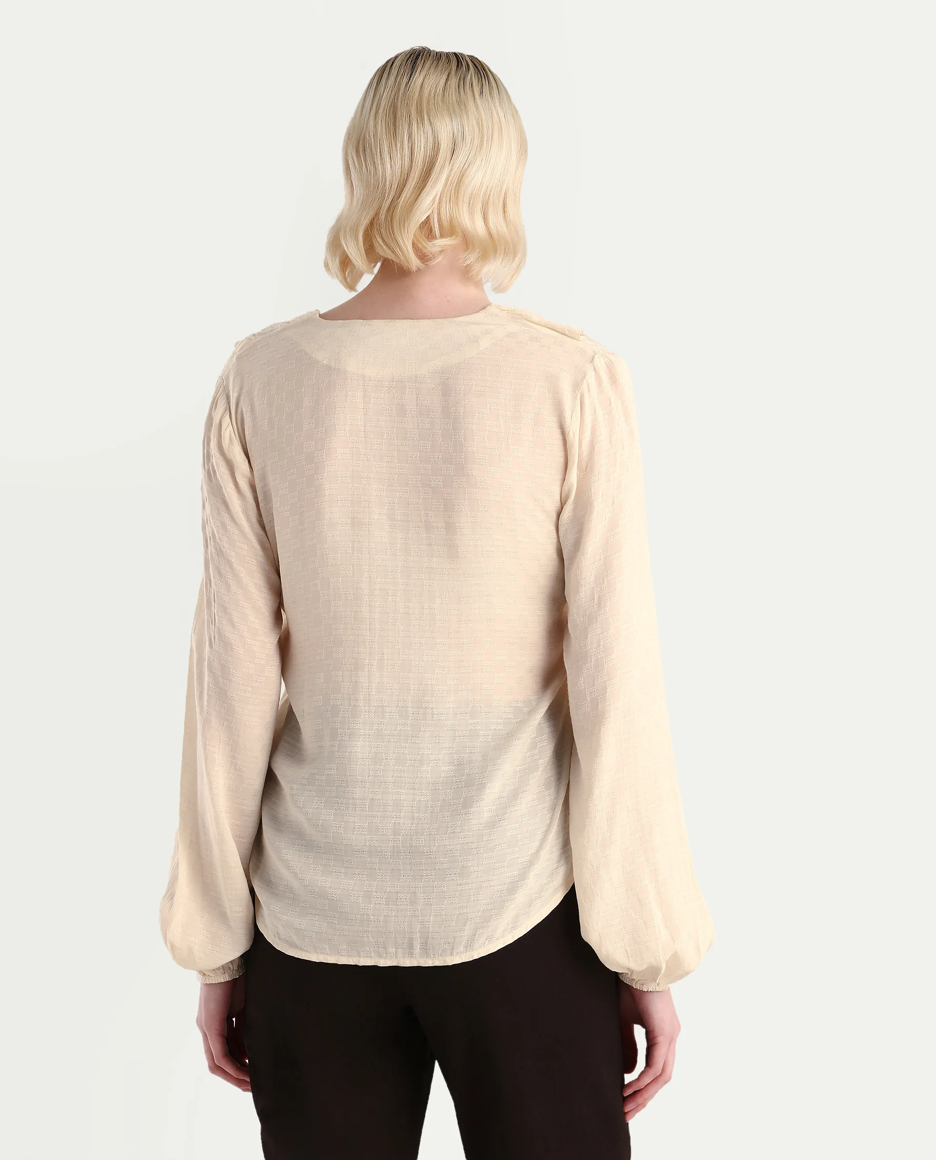 Rareism Women's Roniz Beige Cotton V-Neck Textured Bishop Sleeve Regular Fit Top - Image 7
