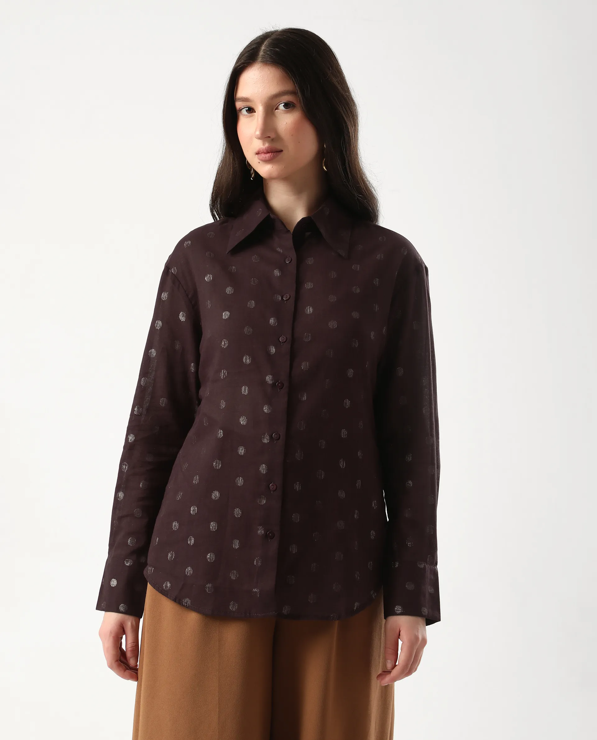 Rareism Women's Ronjaz Dusky Brown Cotton Collared Plain Cuffed Sleeve Regular Fit Shirt - Image 2