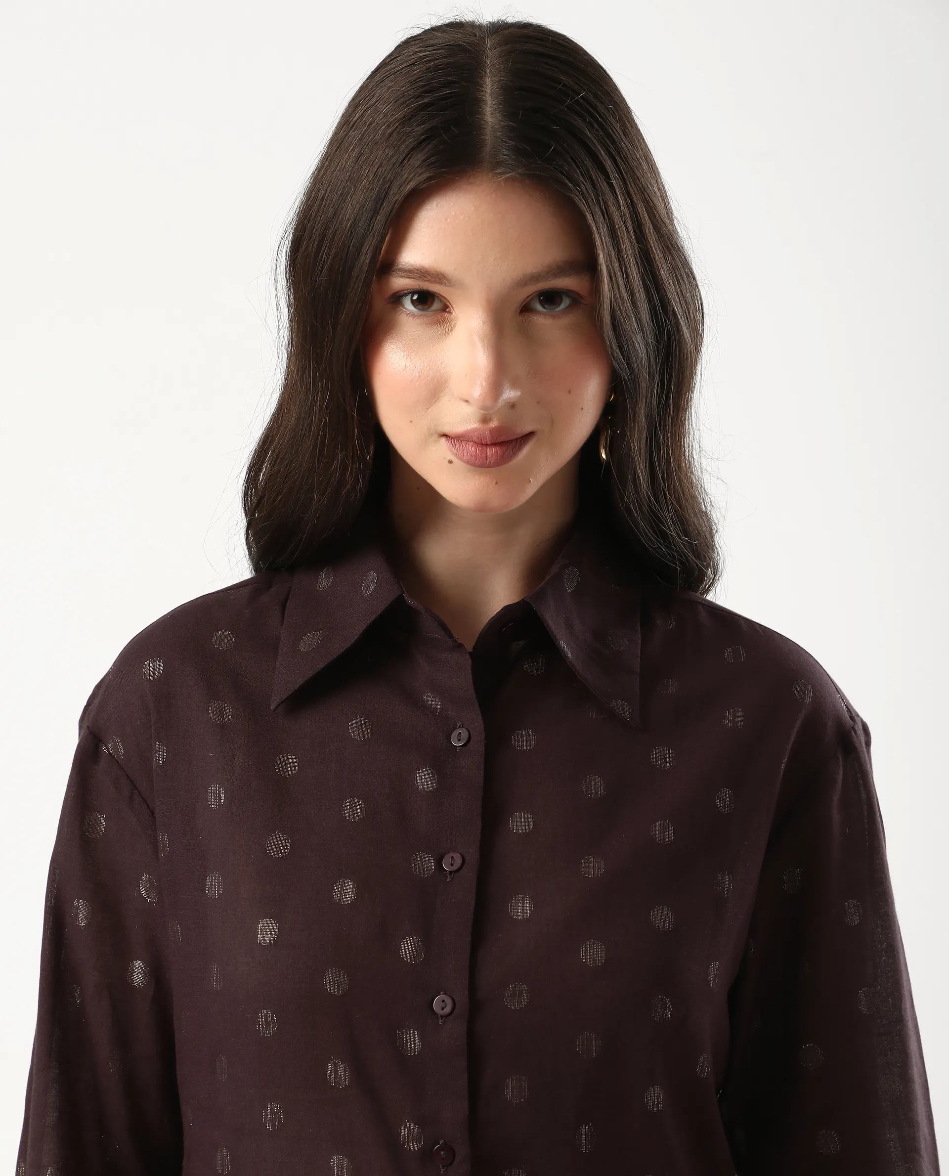 Rareism Women's Ronjaz Dusky Brown Cotton Collared Plain Cuffed Sleeve Regular Fit Shirt - Image 3