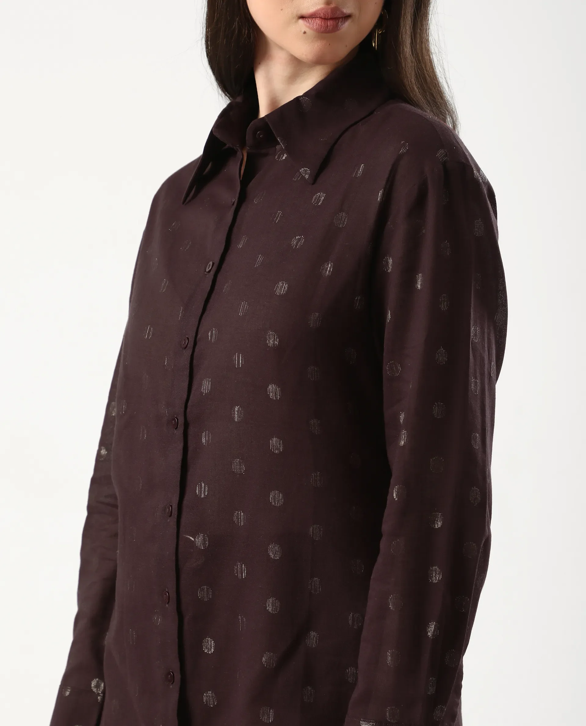 Rareism Women's Ronjaz Dusky Brown Cotton Collared Plain Cuffed Sleeve Regular Fit Shirt - Image 4