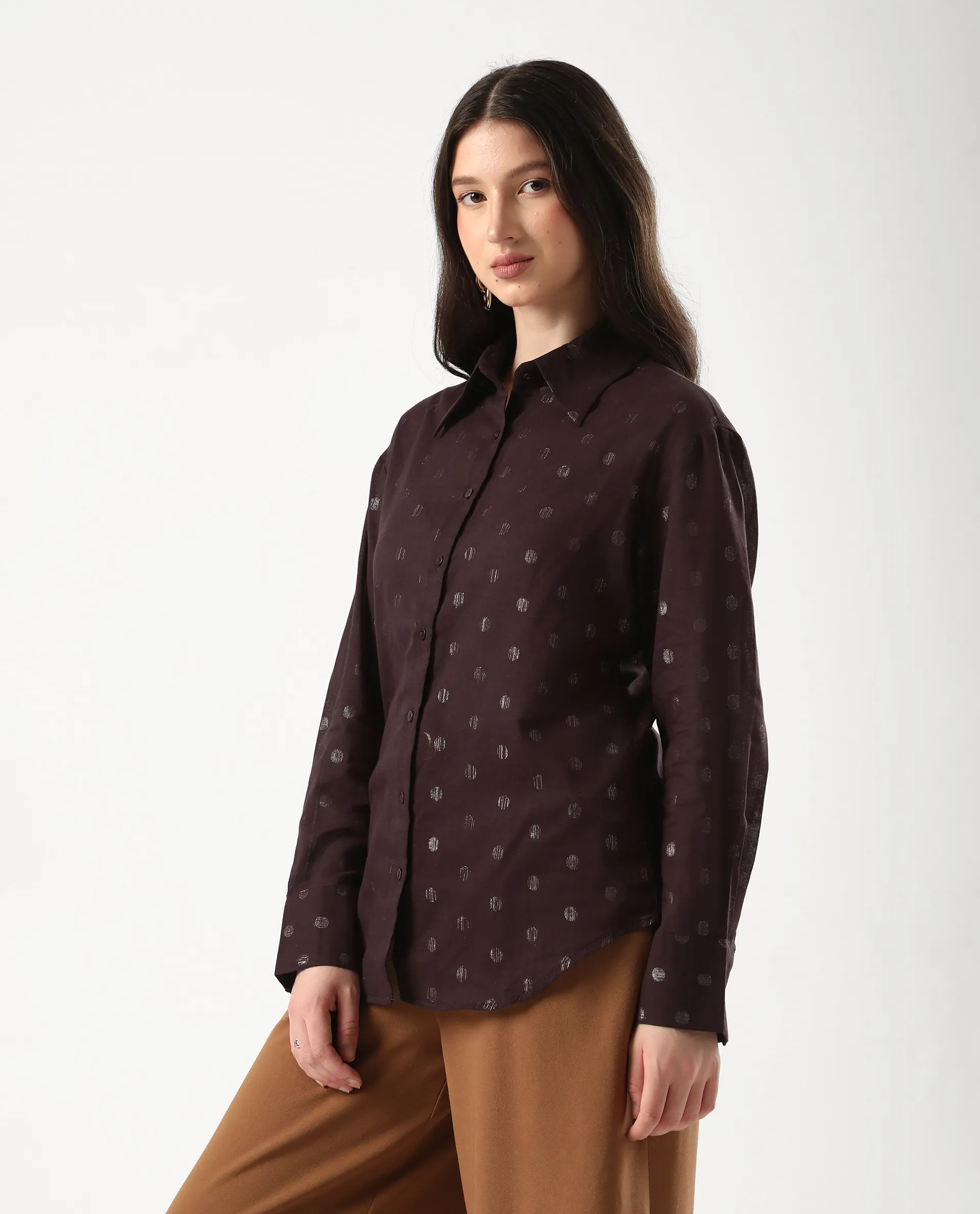 Rareism Women's Ronjaz Dusky Brown Cotton Collared Plain Cuffed Sleeve Regular Fit Shirt - Image 5
