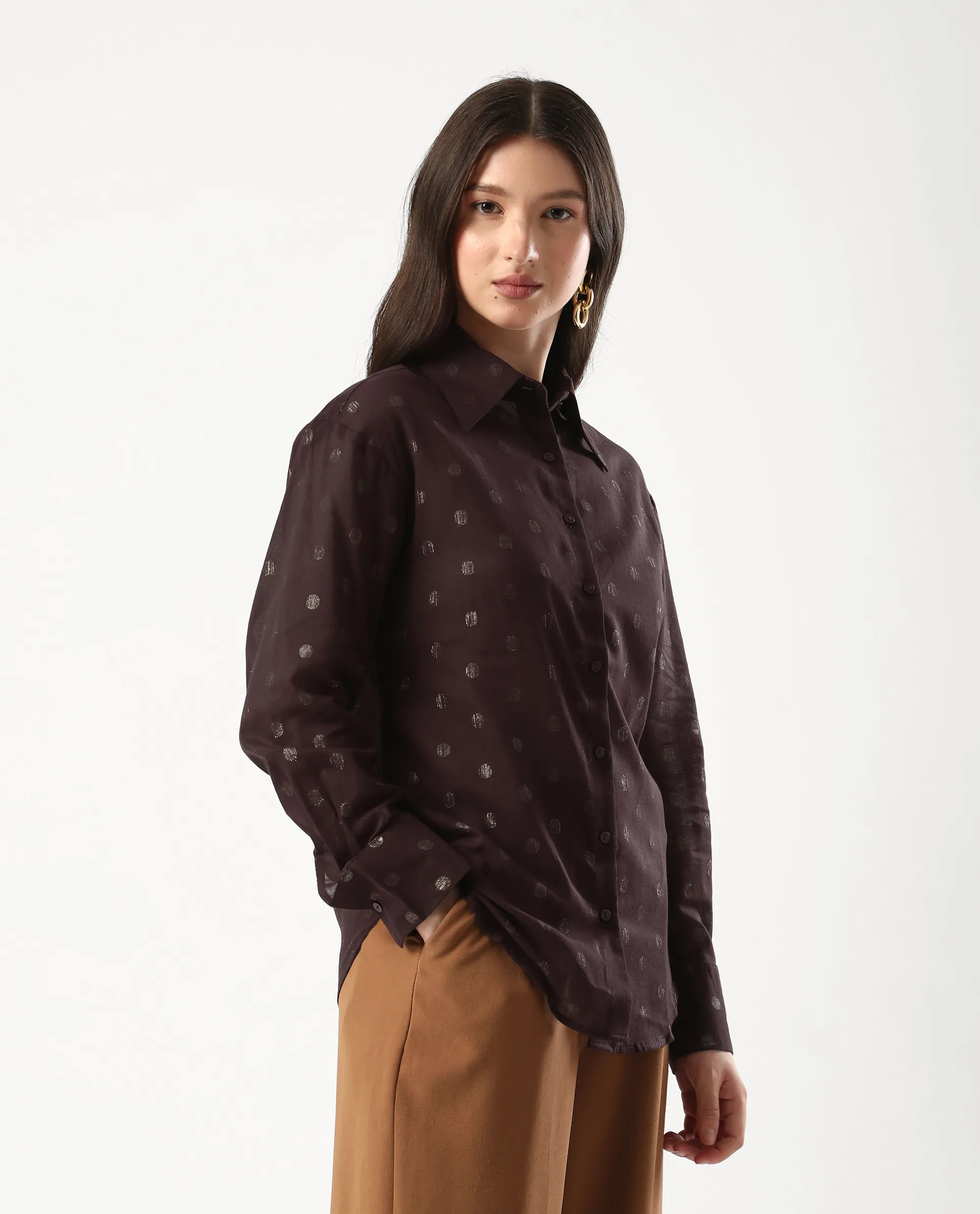 Rareism Women's Ronjaz Dusky Brown Cotton Collared Plain Cuffed Sleeve Regular Fit Shirt - Image 6