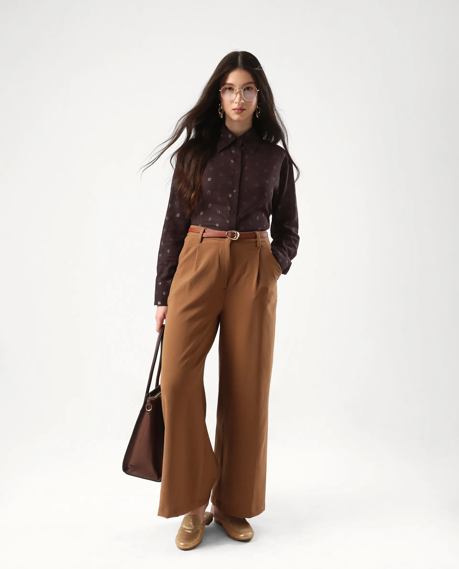 Rareism Women's Ronjaz Dusky Brown Cotton Collared Plain Cuffed Sleeve Regular Fit Shirt - Image 7