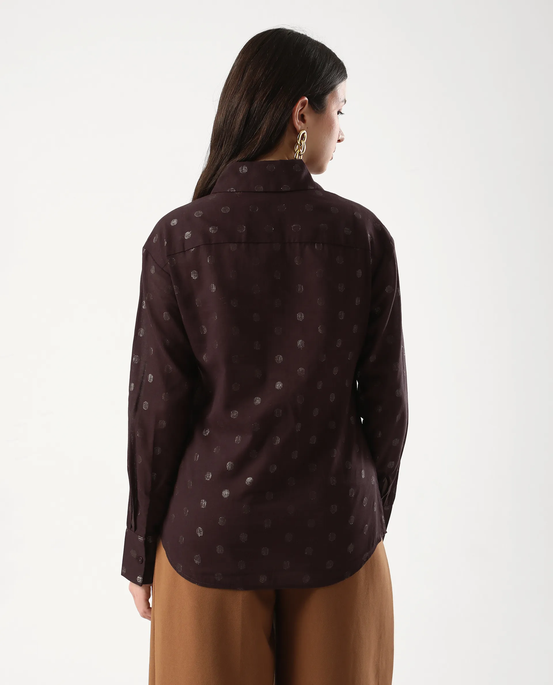 Rareism Women's Ronjaz Dusky Brown Cotton Collared Plain Cuffed Sleeve Regular Fit Shirt - Image 8