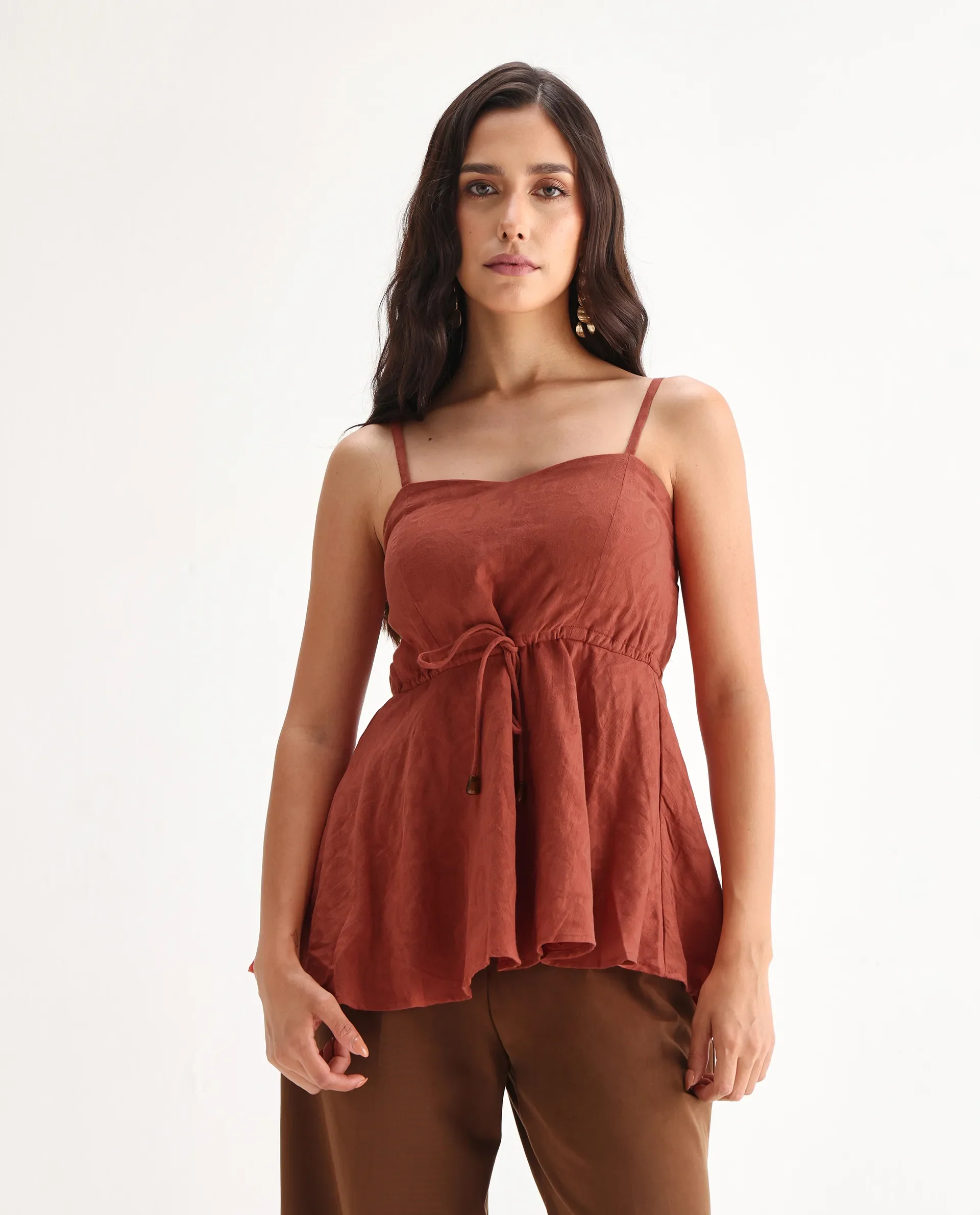 Rareism Women's Ronk Rust Cotton Sweetheart Neck Plain Sleeveless Crop Fit And Flare Top - Image 2