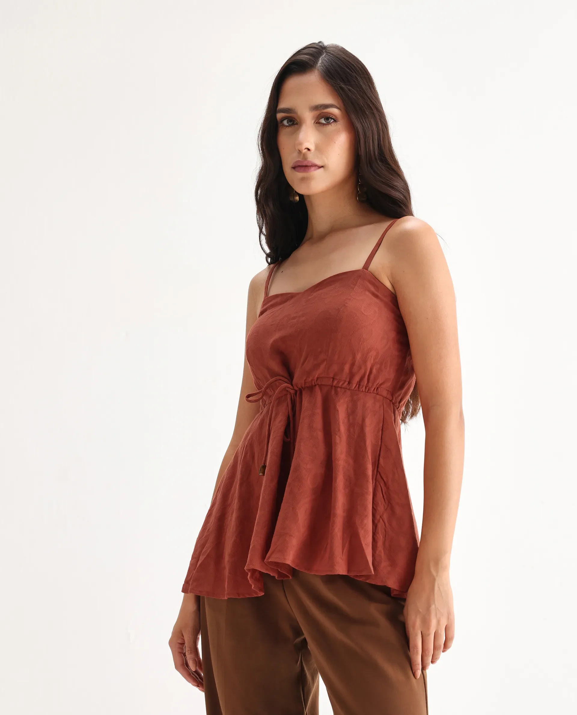Rareism Women's Ronk Rust Cotton Sweetheart Neck Plain Sleeveless Crop Fit And Flare Top - Image 4