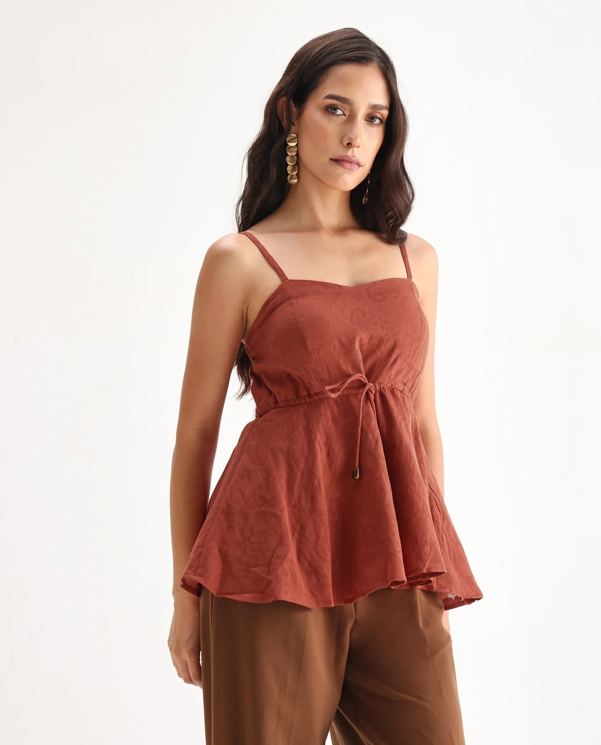 Rareism Women's Ronk Rust Cotton Sweetheart Neck Plain Sleeveless Crop Fit And Flare Top - Image 5