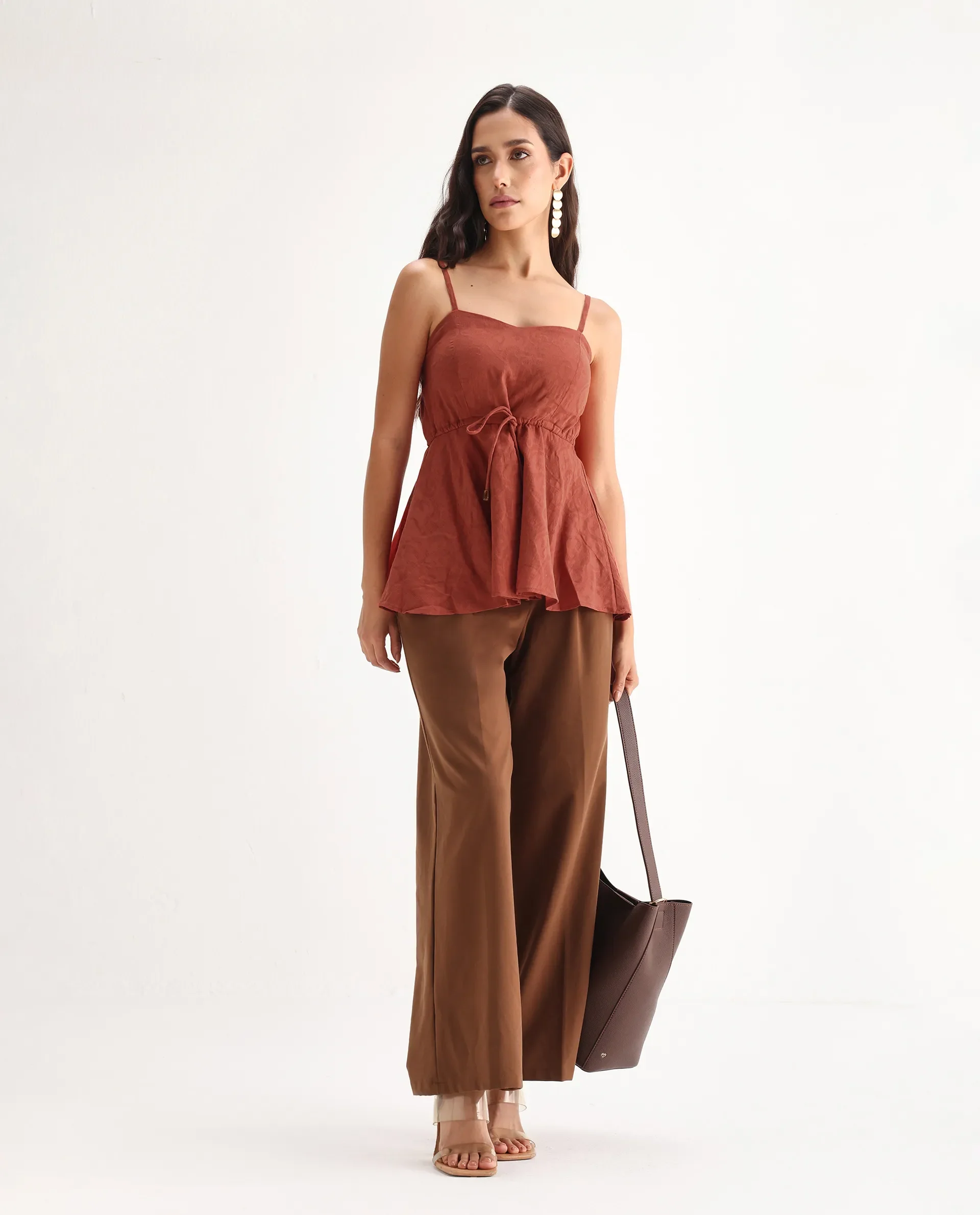 Rareism Women's Ronk Rust Cotton Sweetheart Neck Plain Sleeveless Crop Fit And Flare Top - Image 6