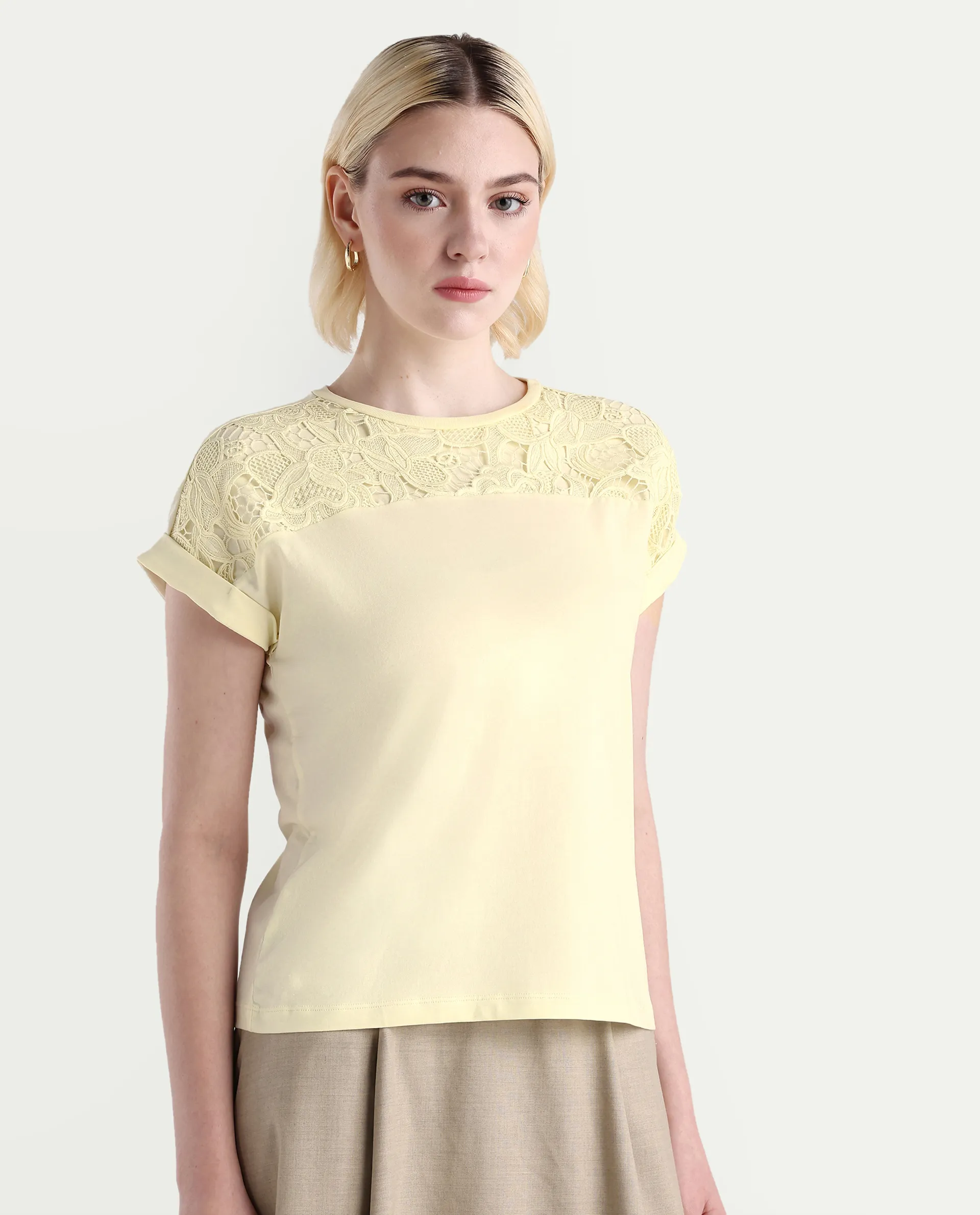 Rareism Women's Ronlac Off White Cotton Blend Round Neck Plain Extended Sleeves Regular Fit T-Shirt - Image 3