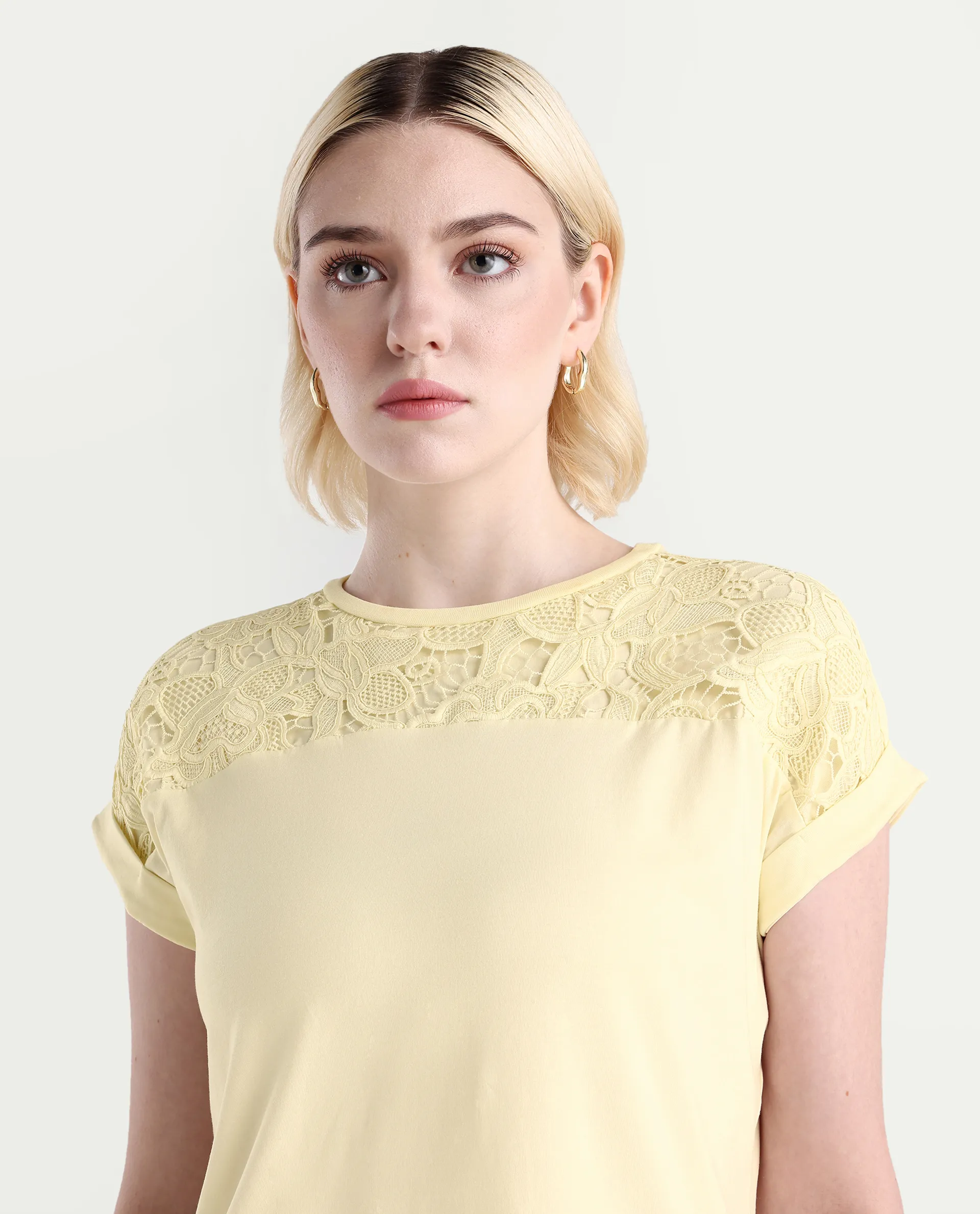 Rareism Women's Ronlac Off White Cotton Blend Round Neck Plain Extended Sleeves Regular Fit T-Shirt - Image 4