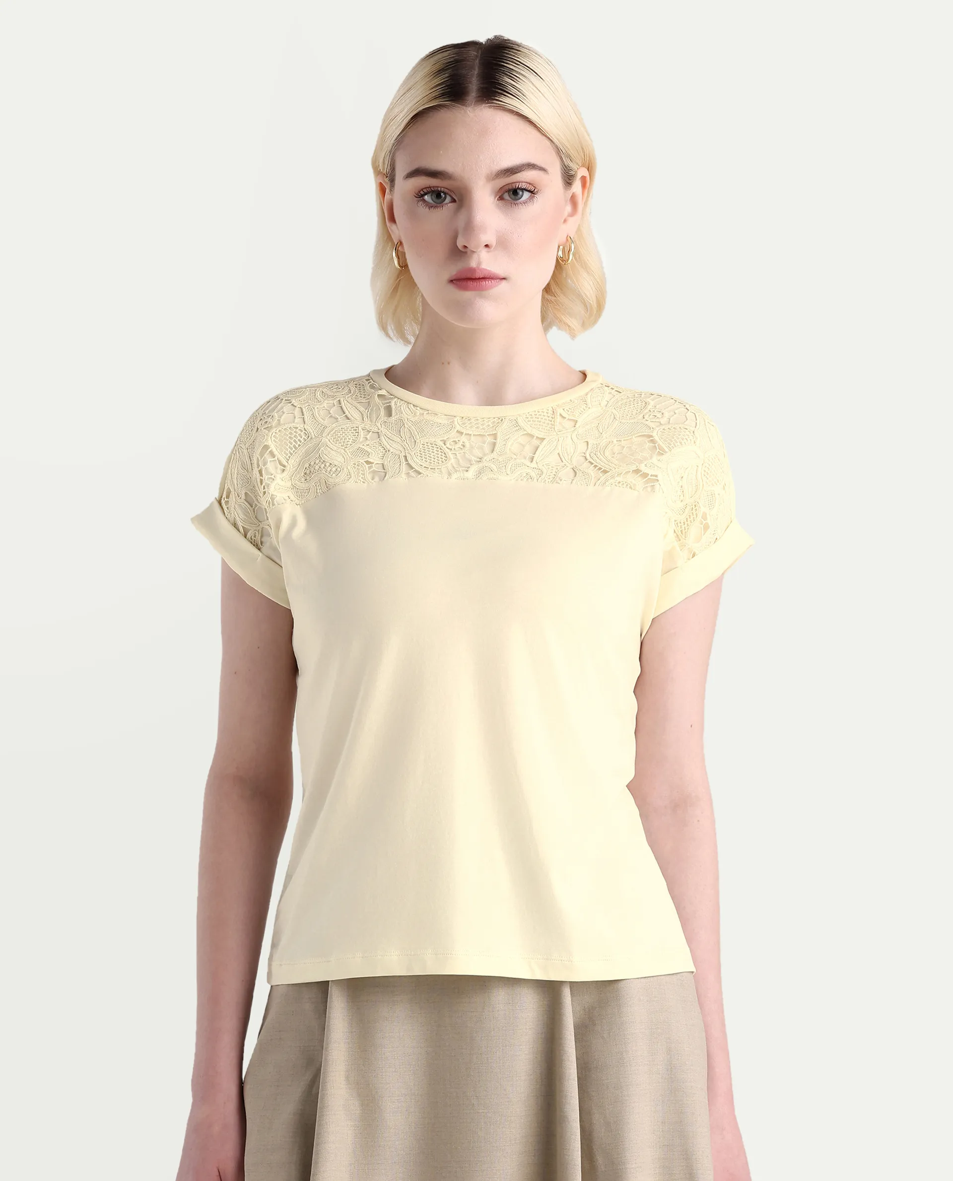 Rareism Women's Ronlac Off White Cotton Blend Round Neck Plain Extended Sleeves Regular Fit T-Shirt - Image 5