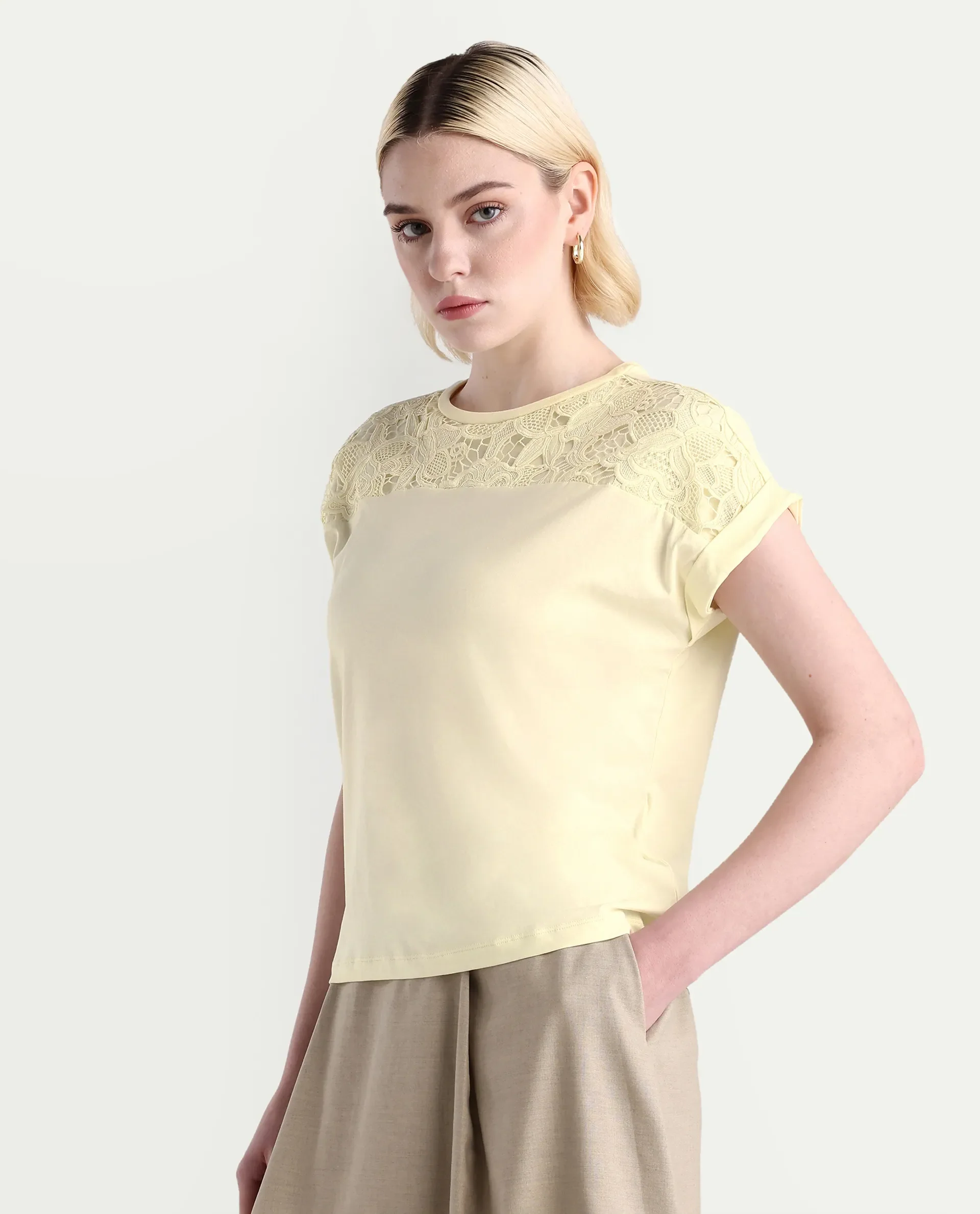Rareism Women's Ronlac Off White Cotton Blend Round Neck Plain Extended Sleeves Regular Fit T-Shirt - Image 6