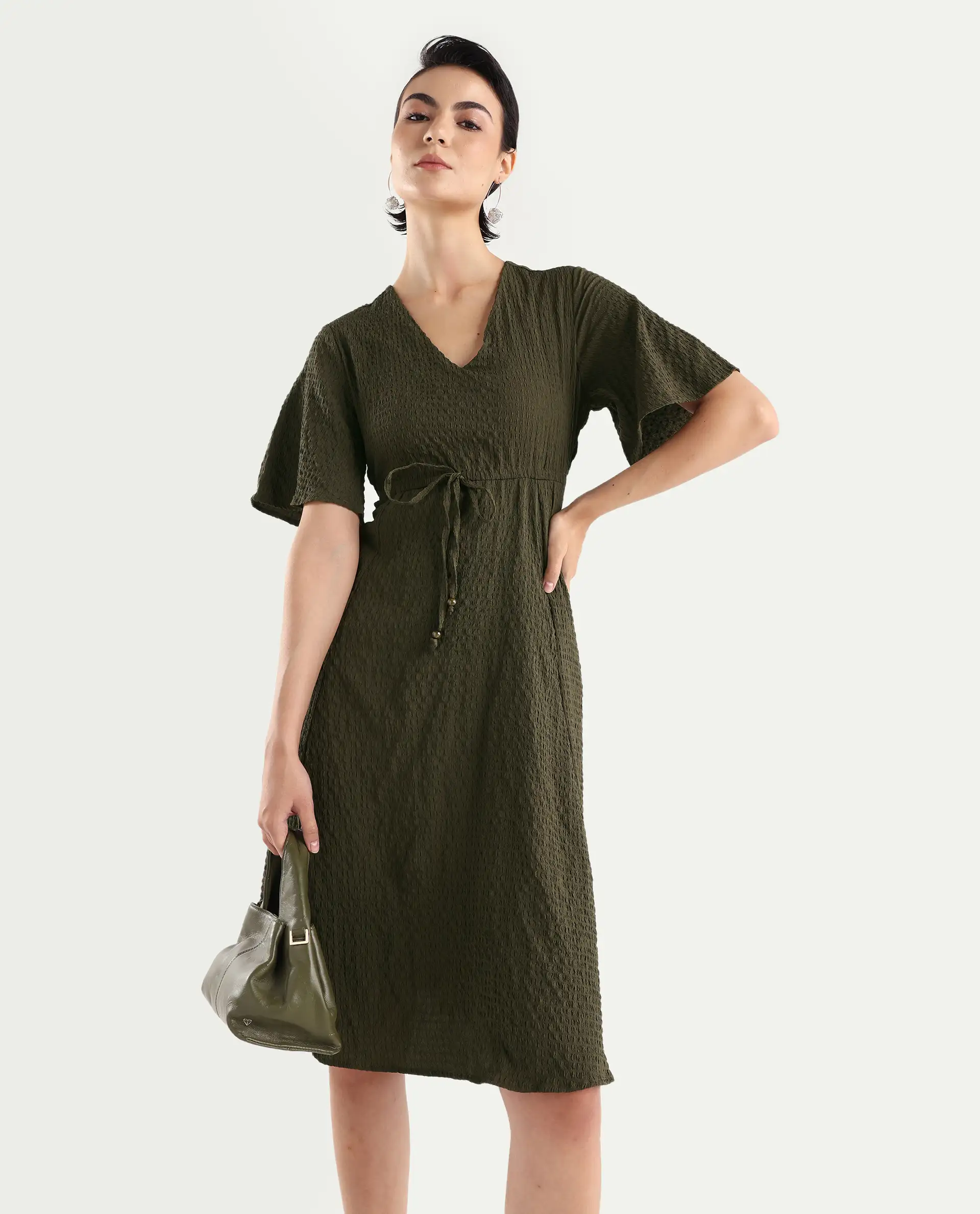 Rareism Women's Ronmien Olive Polyester V-Neck Plain Bell Sleeve Midi A-Line Dress - Image 2