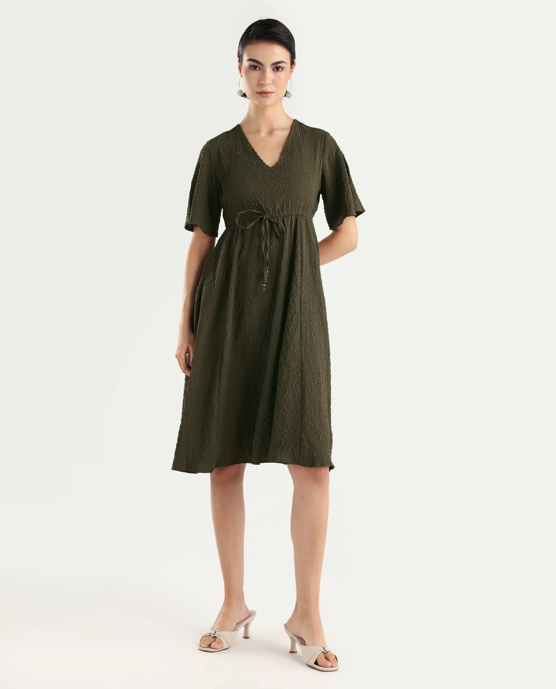 Rareism Women's Ronmien Olive Polyester V-Neck Plain Bell Sleeve Midi A-Line Dress - Image 3
