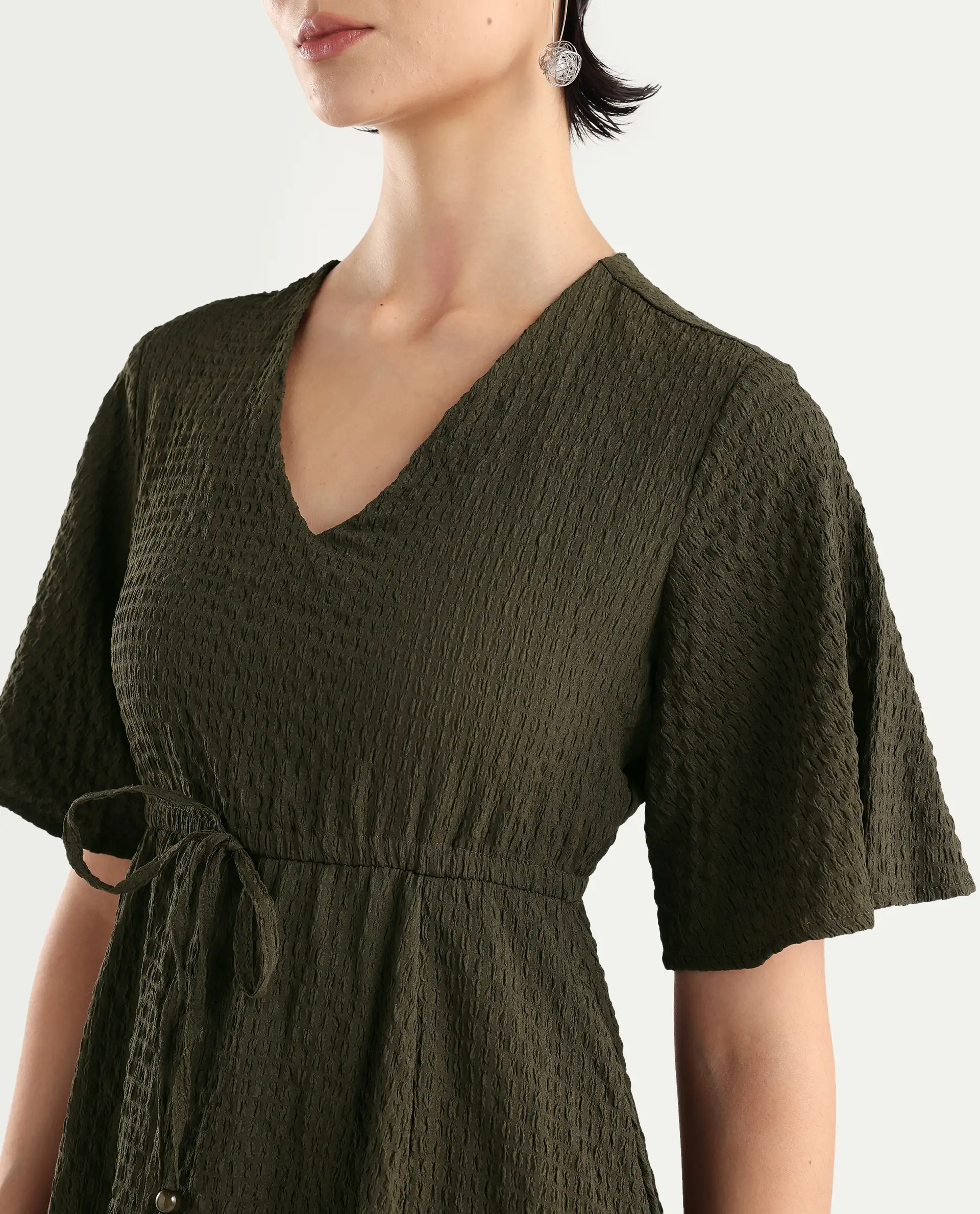 Rareism Women's Ronmien Olive Polyester V-Neck Plain Bell Sleeve Midi A-Line Dress - Image 4