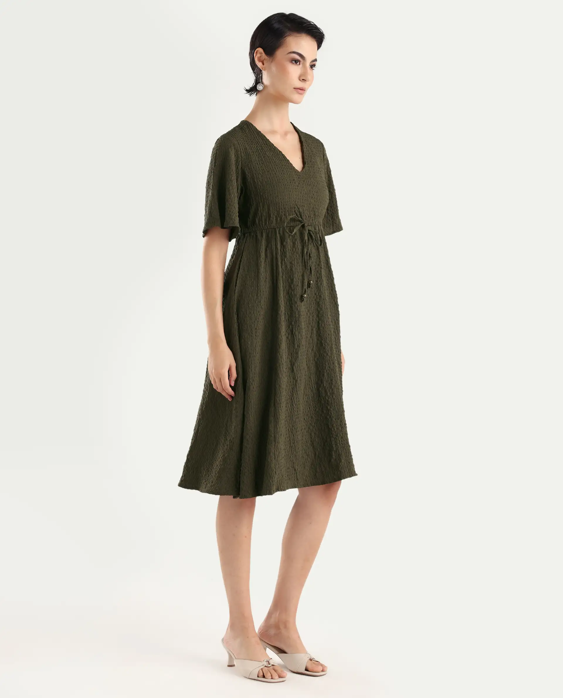 Rareism Women's Ronmien Olive Polyester V-Neck Plain Bell Sleeve Midi A-Line Dress - Image 5