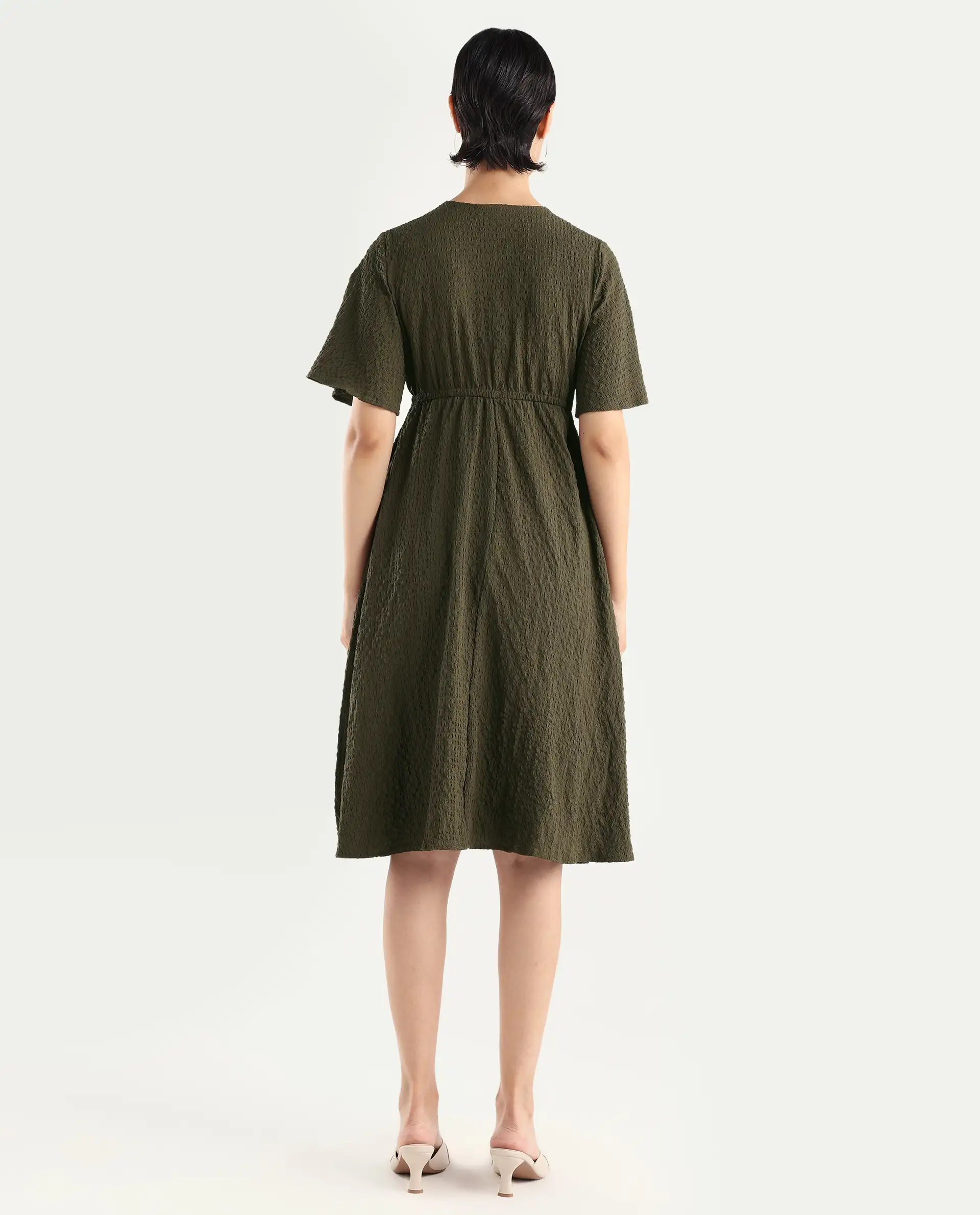 Rareism Women's Ronmien Olive Polyester V-Neck Plain Bell Sleeve Midi A-Line Dress - Image 7