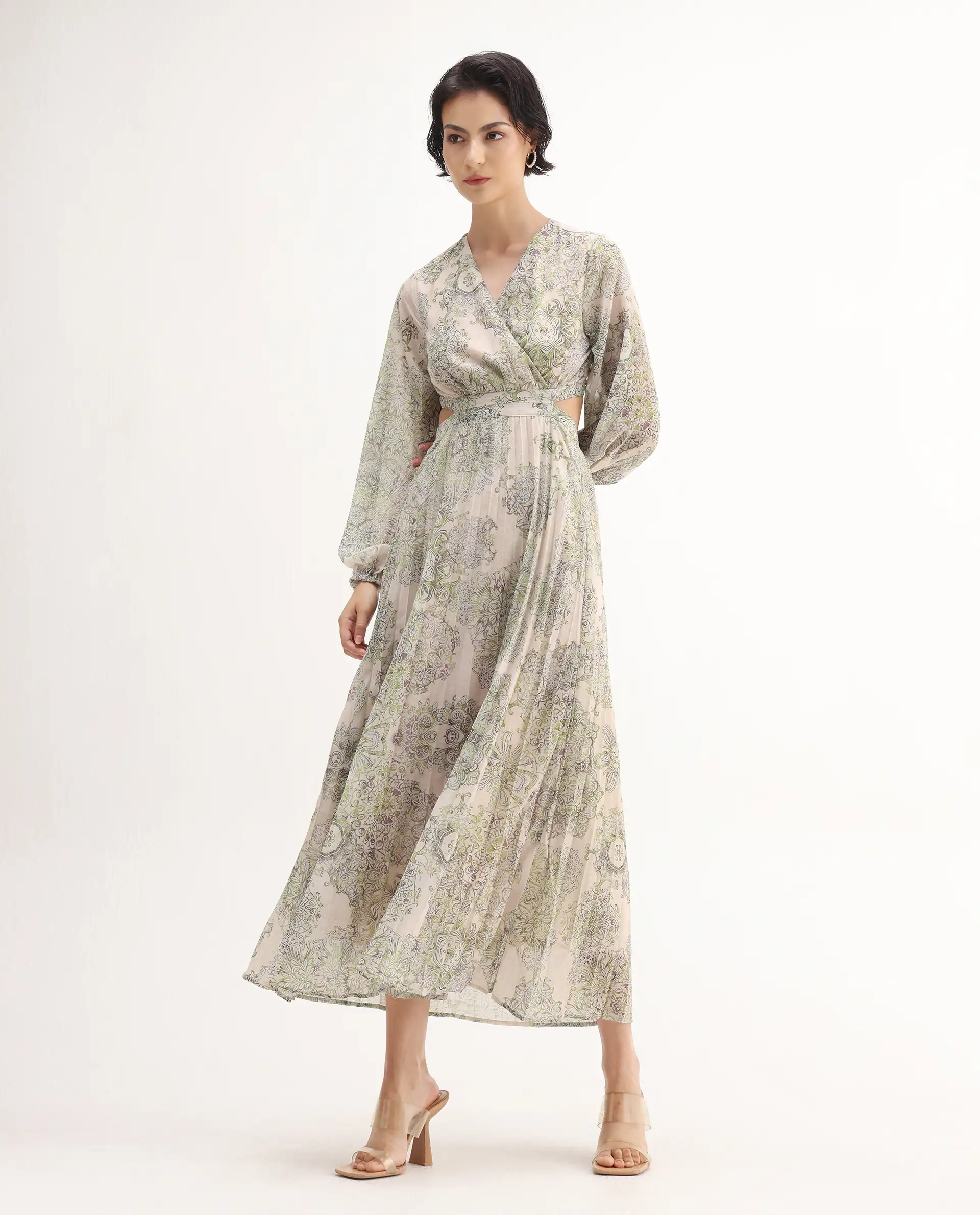 Rareism Women's Ronmus Light Green Polyester V-Neck Abstract Print Bishop Sleeve Maxi Fit And Flare Dress