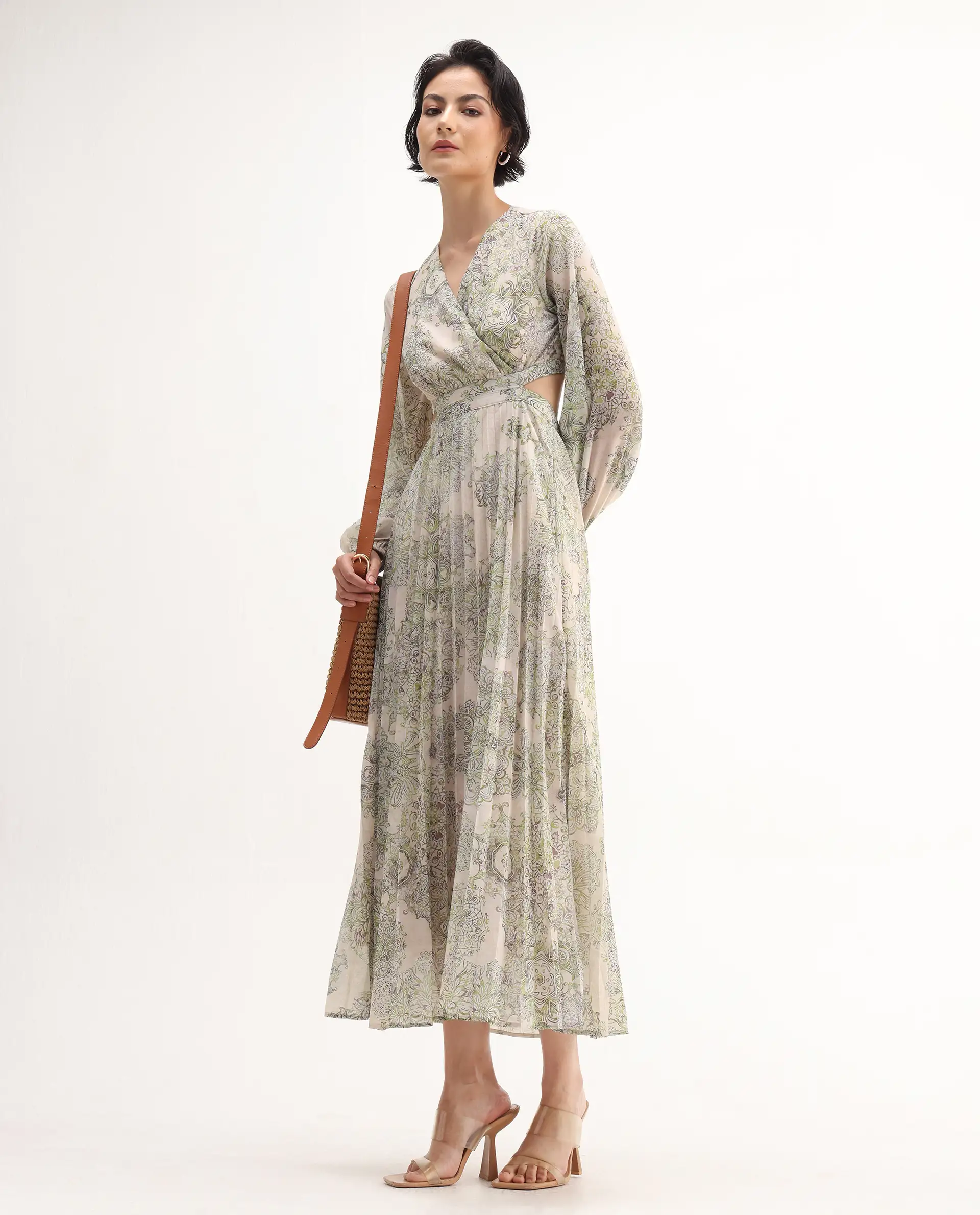 Rareism Women's Ronmus Light Green Polyester V-Neck Abstract Print Bishop Sleeve Maxi Fit And Flare Dress - Image 2